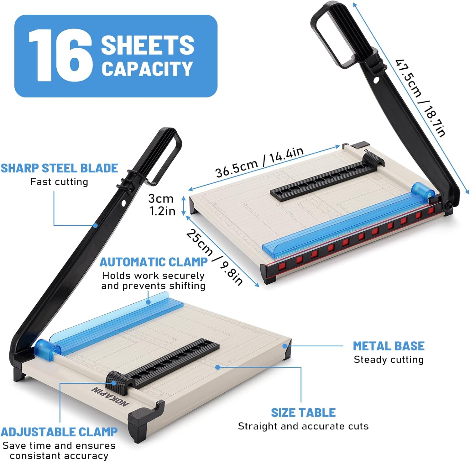 Paper Cutter, Paper Slicer with Safety Guard and Blade Lock, 12" Cut Length Guillotine Paper Cutter with 16 Sheet Capacity, Paper Cutters and Trimmers for Cardstock Cardboard (White) - White image number 4