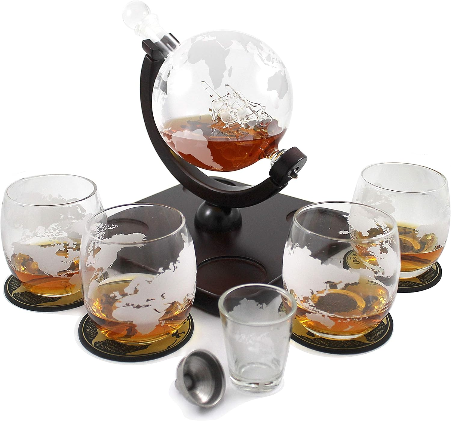 Krown Kitchen - Globe Decanter Gift Set. Includes Wood Base, 4 Glasses, 4 Coasters, Shot Glass, and Funnel. image number 2