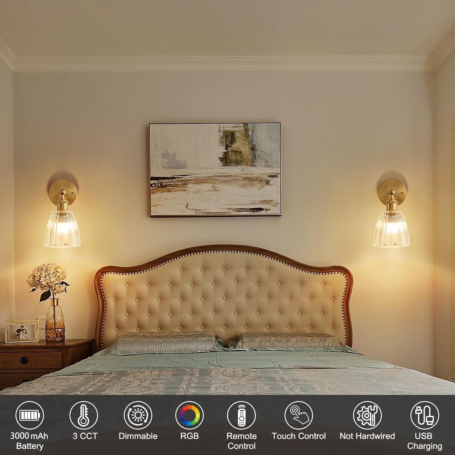 Battery Operated Wall Sconces Set of 2, Glass Lampshade Rechargeable Wall Light with Dimmable RGB Bulbs, Wireless Wall Sconces with Adjustable Lighting Angle for Bedroom, Bathroom, Hallway, Doorway image number 1