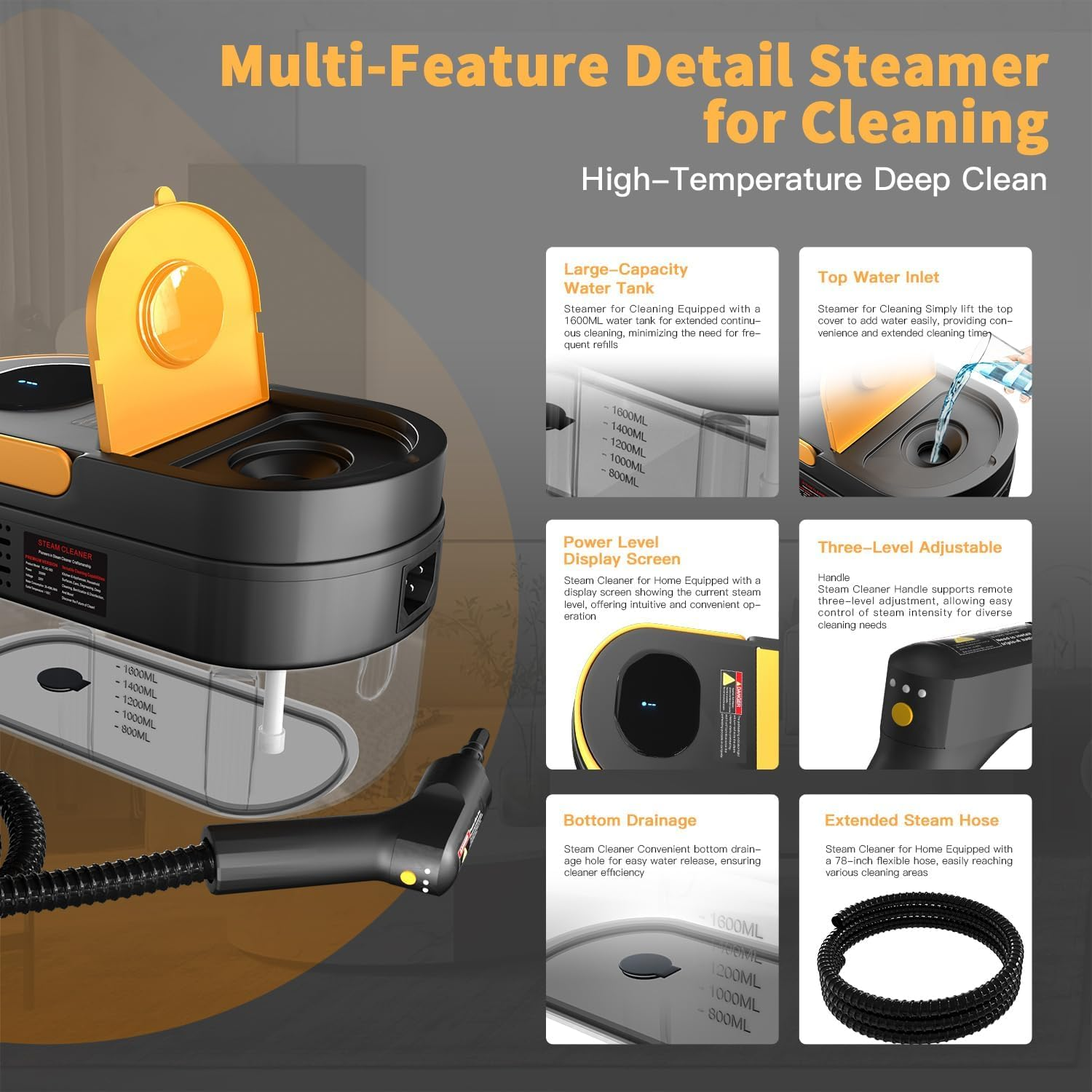 Koeay 1500W Steam Cleaner 3-Level Adjustable Handheld Portable Pressuresteamer Cleaner 15S Heat-Up with 1600Ml Tank & 9 Pcs Accessories, Home Steam Cleaner for Dirt, Grease, Grout, Tile, Floor image number 1