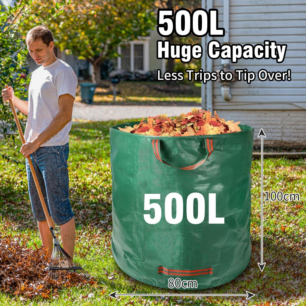 Garden Waste Bags Heavy Duty Reusable Garden Bags with Handles, 500L Large Garden Refuse Rubbish Sacks Green for Yard Debris Grass Cuttings Garbage Leaves Collection, Gardening Supplies image number 2