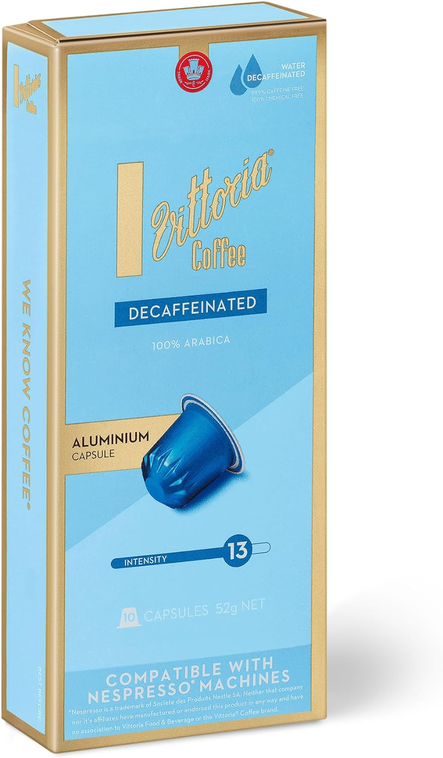 Vittoria Coffee 100% Arabica Decaffeinated Nespresso Compatible Aluminium Capsules 52G (6 Packs X 10 Pods)