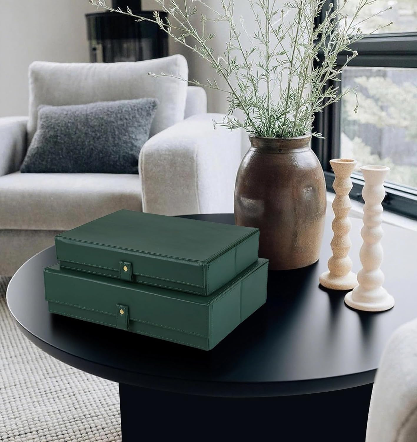 Hofferruffer Photo Storage Boxes with Dust-Proof Lid, Set of 2 Faux Leather Lidded Storage Bins, Photo, Jewelry, Scrapbooking Supplies, Keepsake Organizer for Elegant Home & Office Decor (Green) - Creamwhite image number 2