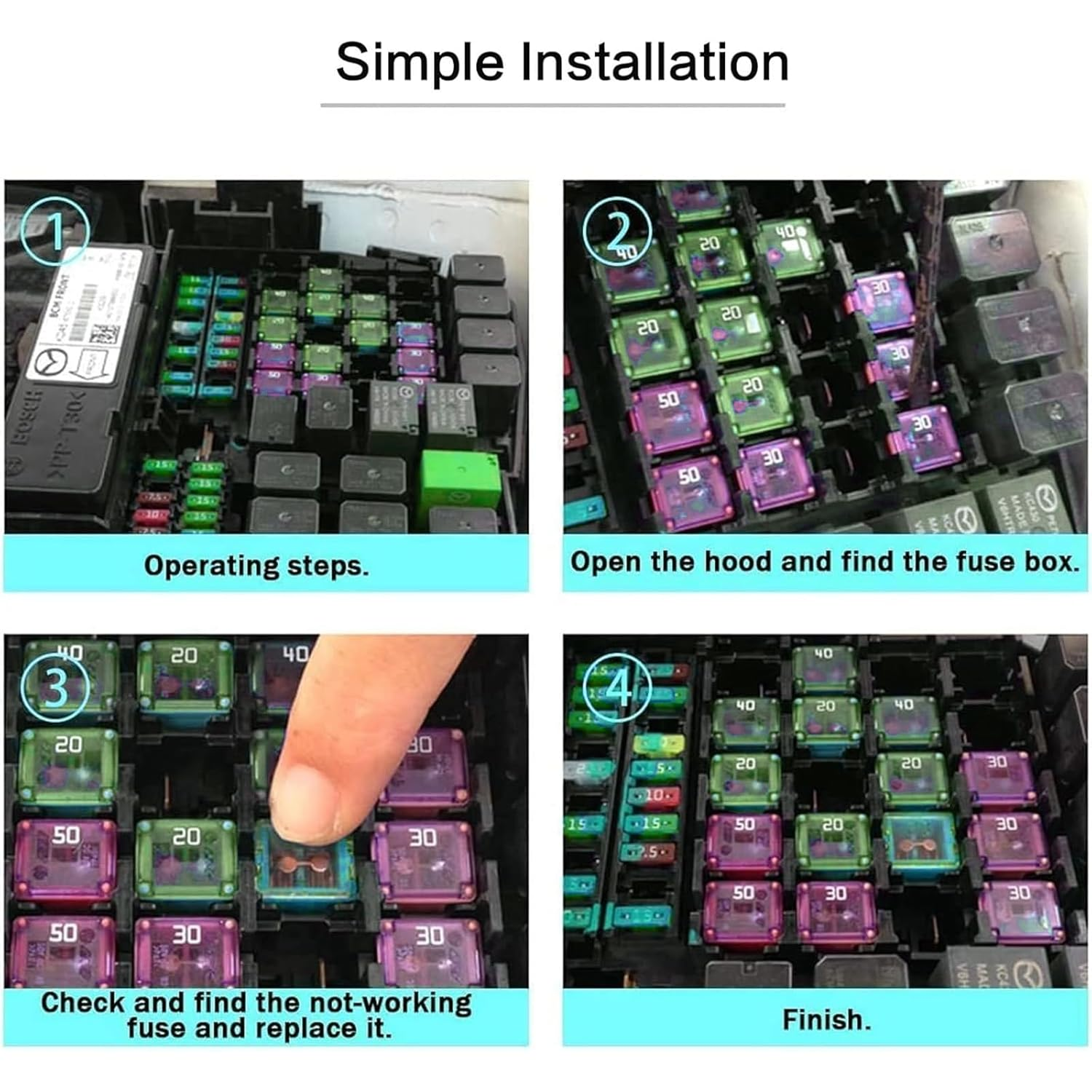 Qioon 10 PCS Car Fuse Assortment Kit, 20A 30A 40A 50A 60A, Tall and Short Box-Shaped Mini Fuses, Replacement Fuses for Car, RV, Truck, Motorcycle, Boat image number 6