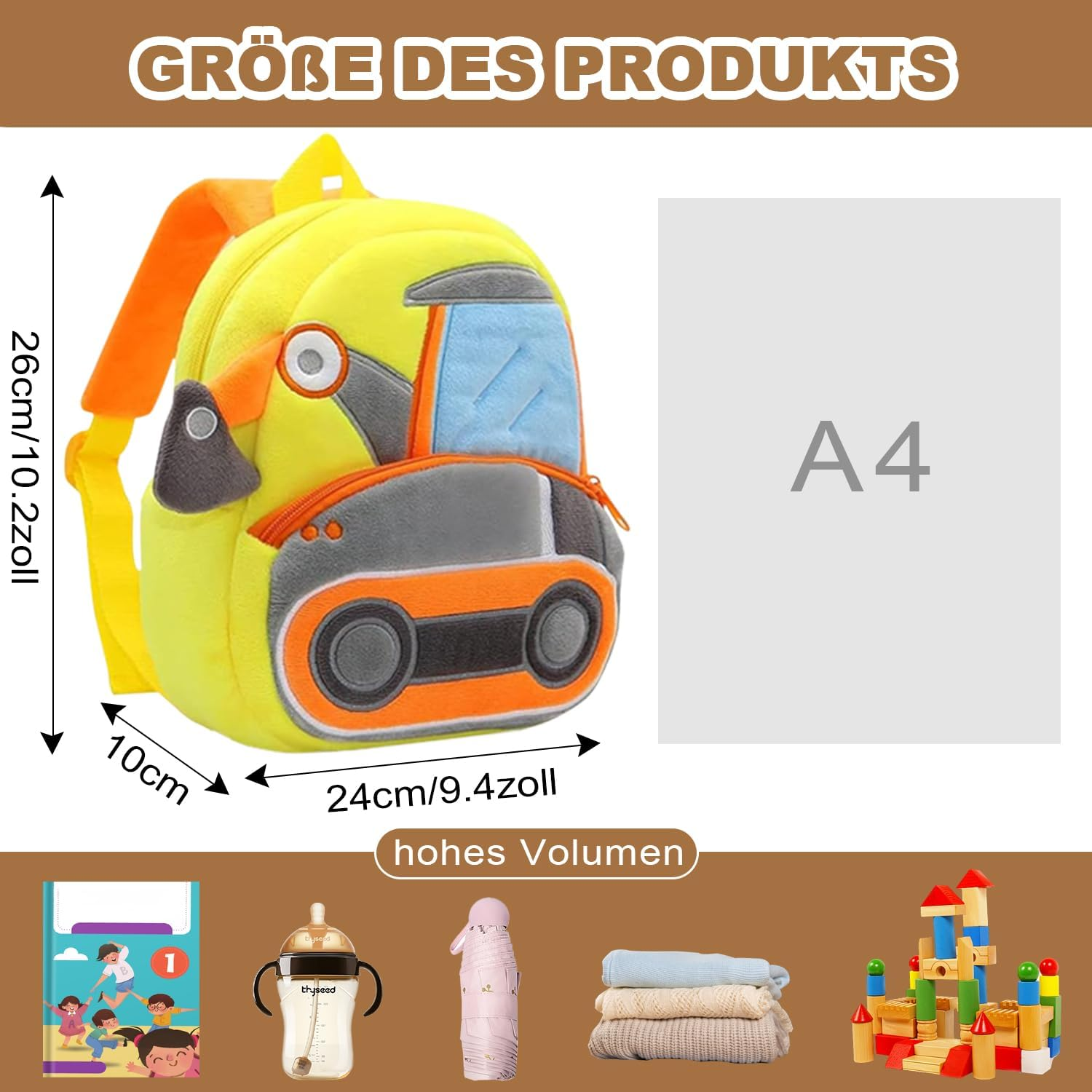 KOMUNJ Toddler Backpack, Digger Backpack, Nursery Backpack, Cartoon Children'S Backpack, Animal Cartoon Mini Bag, Plush Children'S Backpack, for Baby 1-5 Years, Multicoloured, One Size image number 5