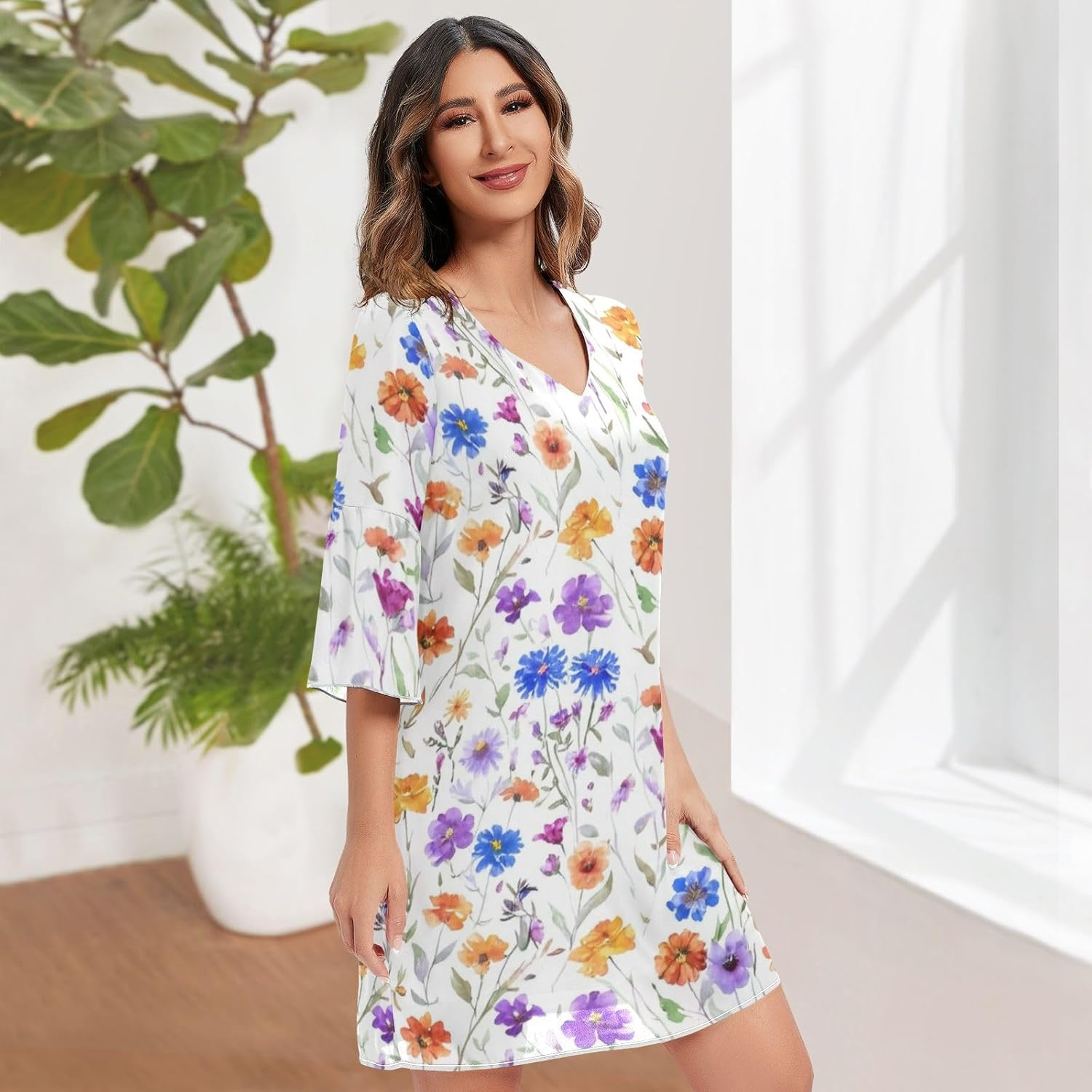 Watercolor Wildflowers V Neck Dress Printed Maternity Dress Party S-XXL image number 4