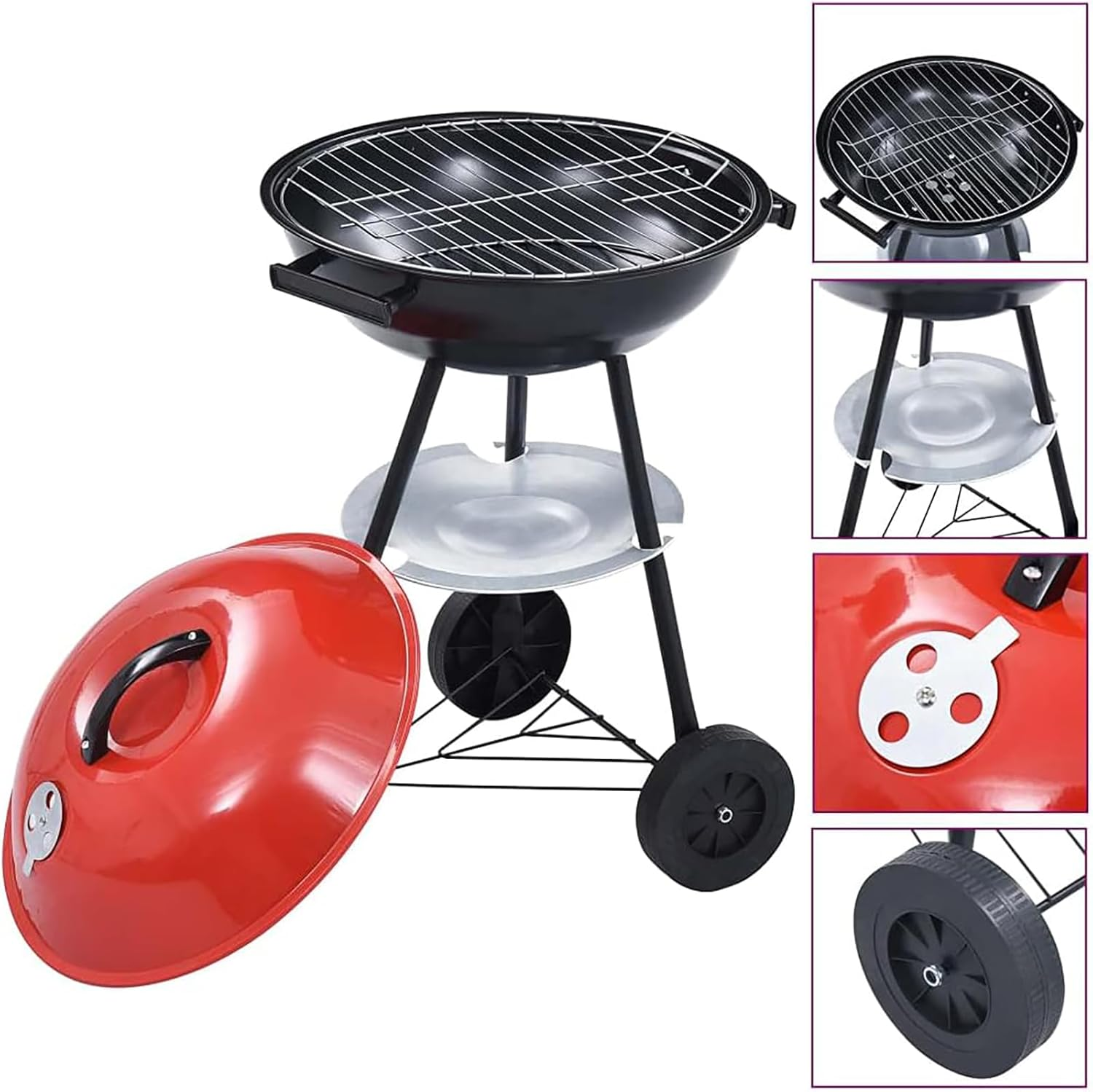Charcoal Grill with Wheels and Storage Holder, Stainless Steel Portable BBQ Grill for Camping, Picnic, Barbecue, Party, Outdoor Activities,Red (BBQ Grill) image number 4