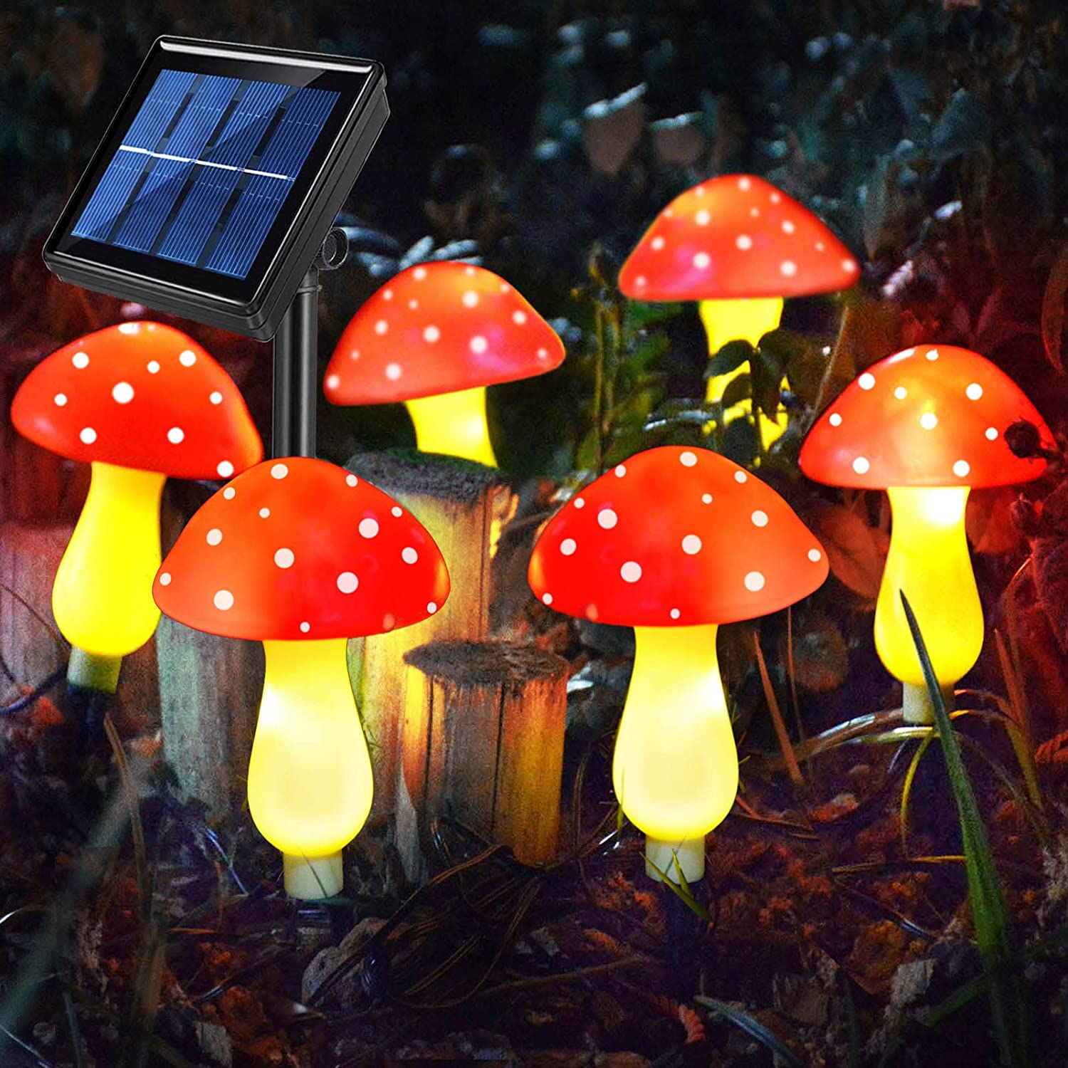 New Upgraded Waterproof Solar Mushroom Lights Outdoor Decor, 8 Modes for Garden Pathway Landscape Yard Easter Pathway Halloween Xmas Decorations, Set of 6 Red image number 2