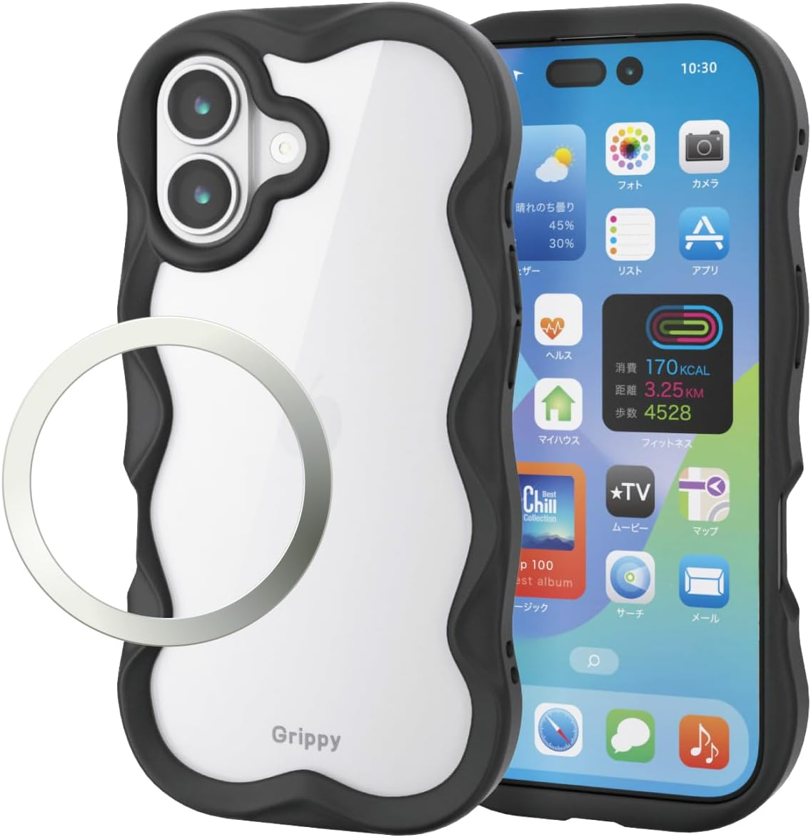 Elecom PM-A25AFCWAVEGN Iphone 17 Case Cover, Clear, Wavy Shape, Fits in the Hand, Shock Absorption, Hybrid TPU with Strap Hole, Camera Protection, Metal Sticker Included, Strap Sheet Included, Green