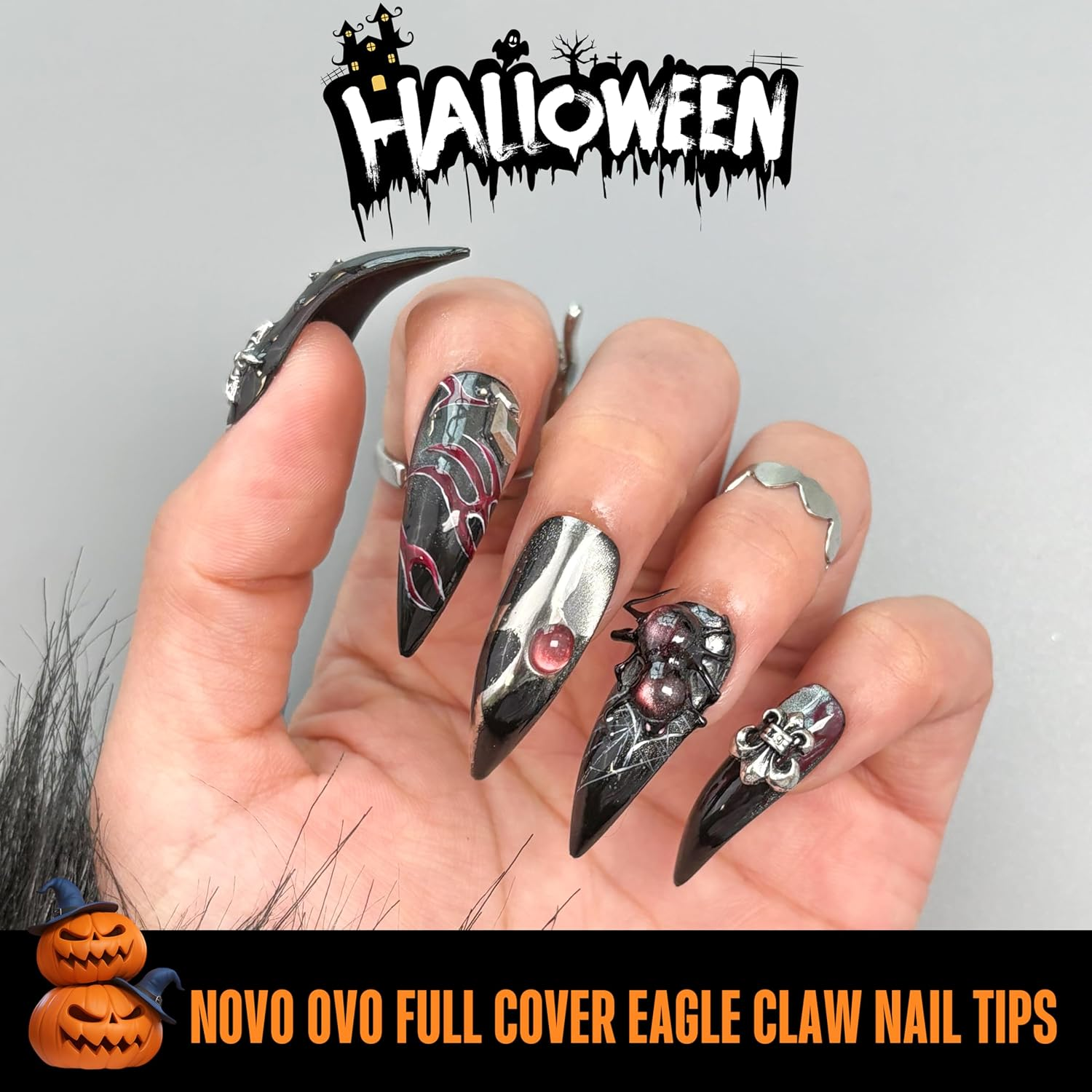 NOVO OVO Halloween Black Nail Tips Curved Stiletto, Full Cover Gel X Extension Kit for 3D Eagle Claw Nails, Extra Thick Hawk Deep Curve Almond French Tips Soft False Fake Acrylic Nail 12 Size 120Pc image number 4