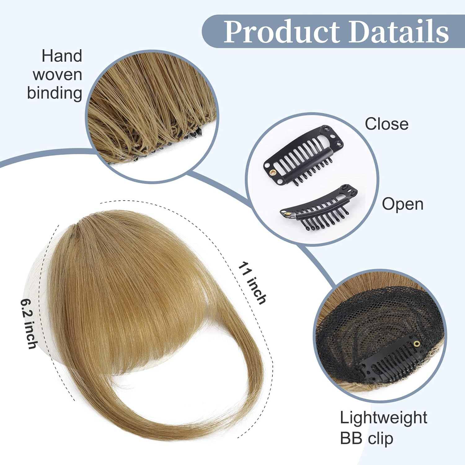 YOGFIT Clip in Bangs 100% Human Hair French Bang Clip in Hair Extensions, French Bang Fring with Temples Hairpieces Clip on French Bangs Flat Bangs Clip Curved Bangs for D (French Bangs, Dirty Blonde) image number 2