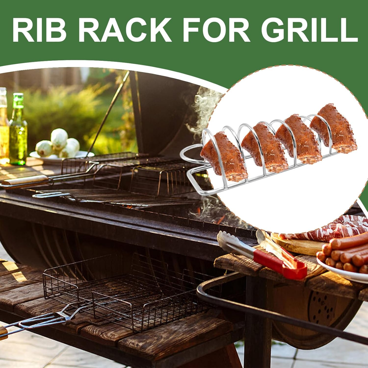 Non-Stick Rib Rack Pork for Smoker - Gas Smoker or Charcoal Grill, Holds up to 5 Baby Back Ribs, Roasting and Rib Holder Stainless Steel - Official Accessory, Compatible with Ninja image number 1