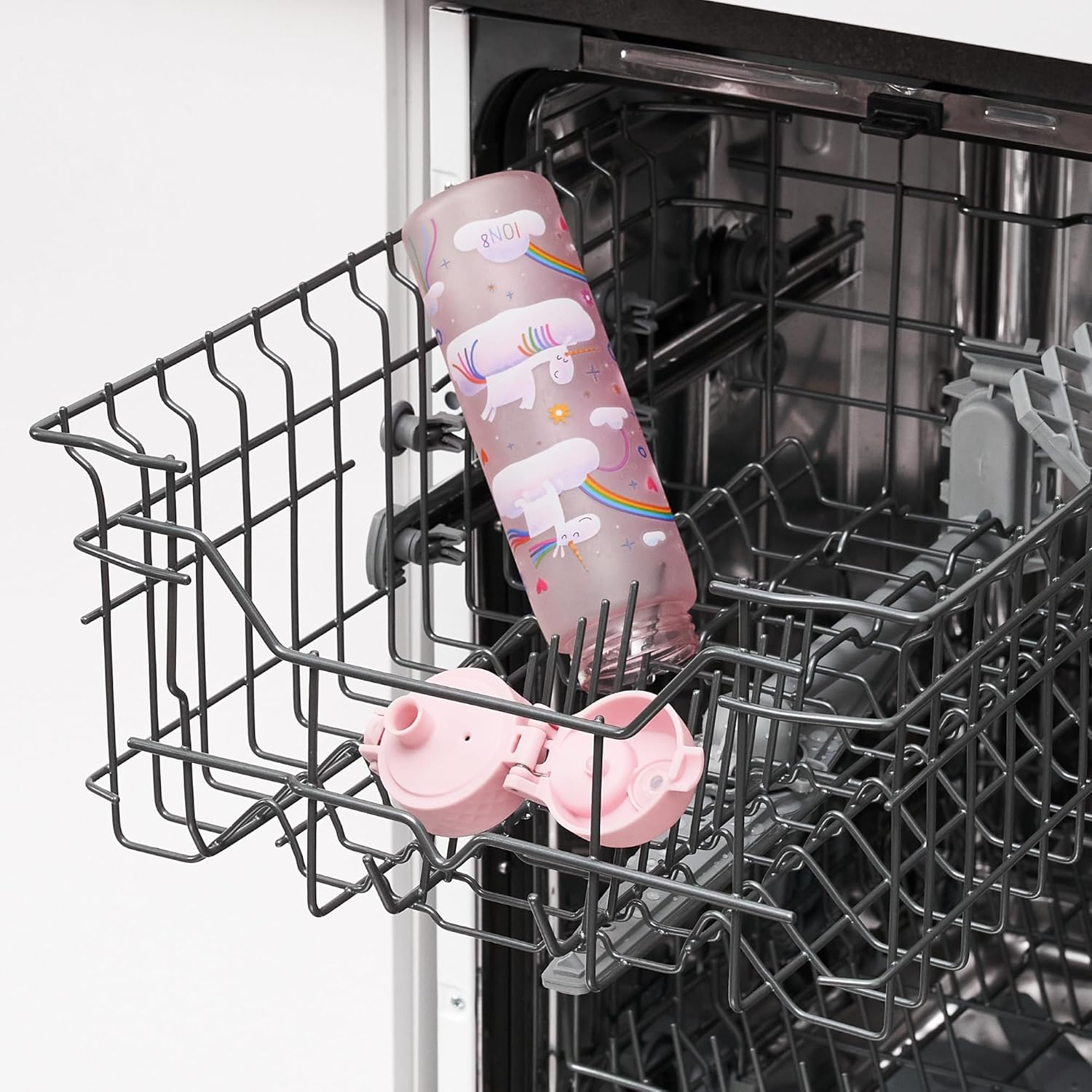 Ion8 Water Bottle, 500 Ml/18 Oz, Leak Proof, Easy to Open, Secure Lock, Dishwasher Safe, BPA Free, Hygienic Flip Cover, Carry Handle, Easy Clean, Odour Free, Carbon Neutral, Unicorn Rainbows Design - Pink image number 5