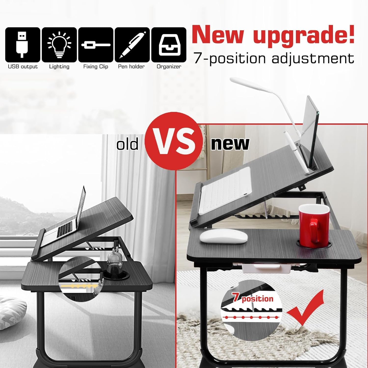 Cloudtrip plus XL Upgraded Laptop Desk with Light, Ipad Holder, Drawer Storage - Larger 23.6IN Size - Multifunctional Lap Desk for Bed, Home Office, Breakfast Tray, Fordable Legs Desk image number 3