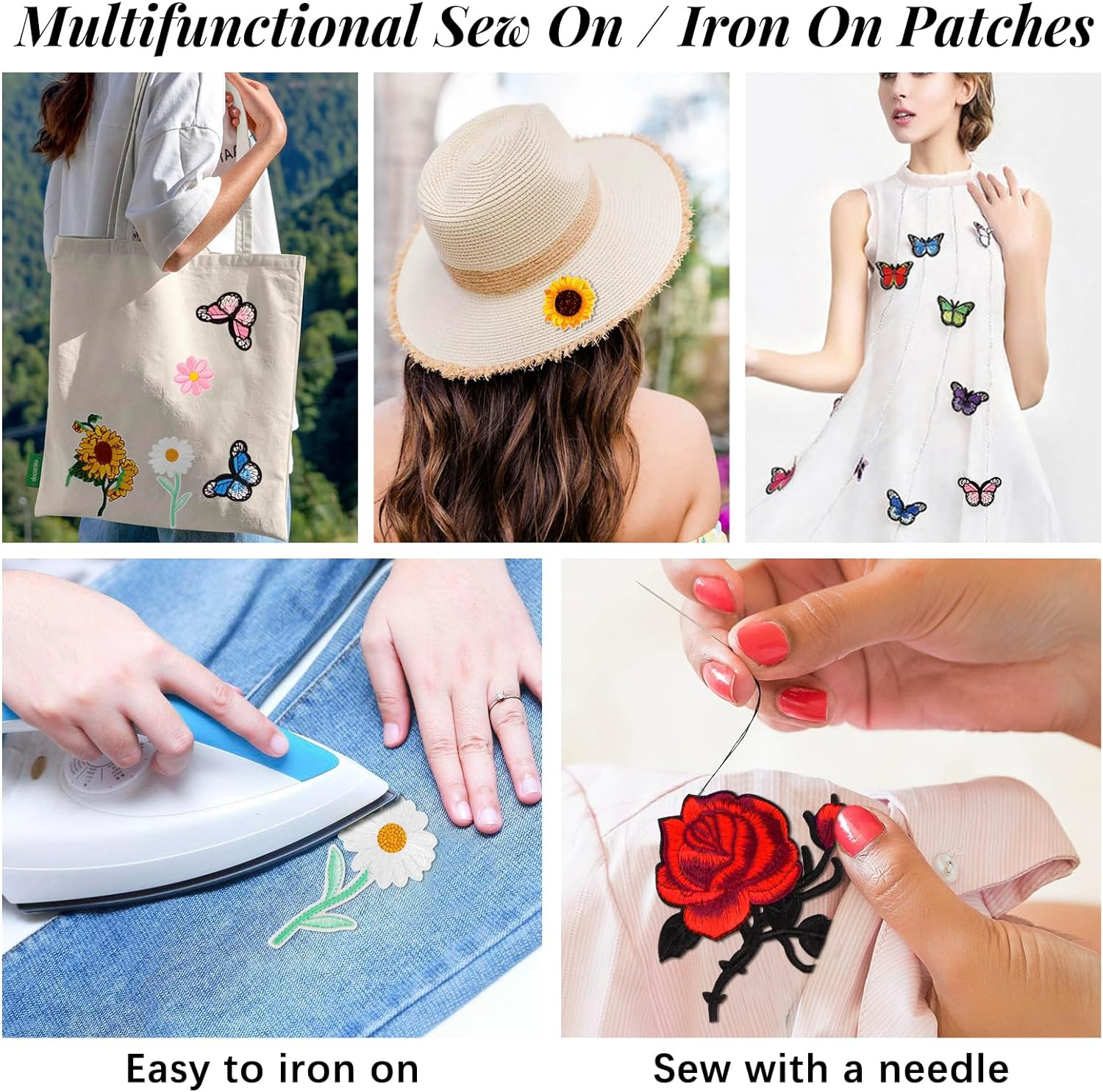 RETON 72 Pcs Embroidered Iron on Patches for Clothing, Butterfly Flower Iron on Patches Set, Sunflower Bee Rose Daisy Embroidered Patches, Applique Patches for Clothes, Jackets, Jeans, Backpacks image number 4