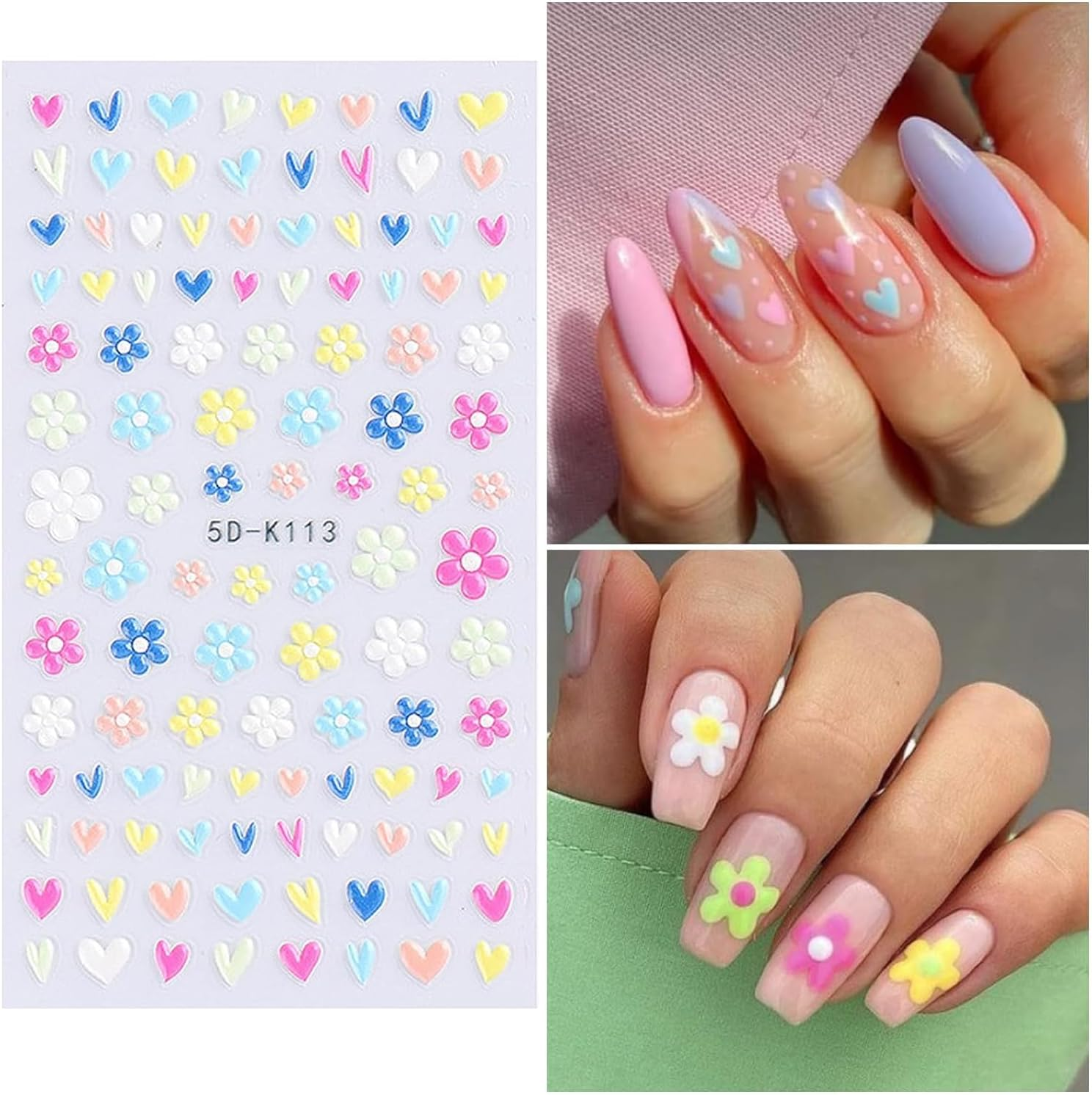 OSYLICT 3D Embossed Nail Art Stickers,5 Sheets Spring Flowers Heart Lace Self Adhesive Colorful Floral Nail Decals Supplies Accessories for Women Girls DIY Decoration image number 6