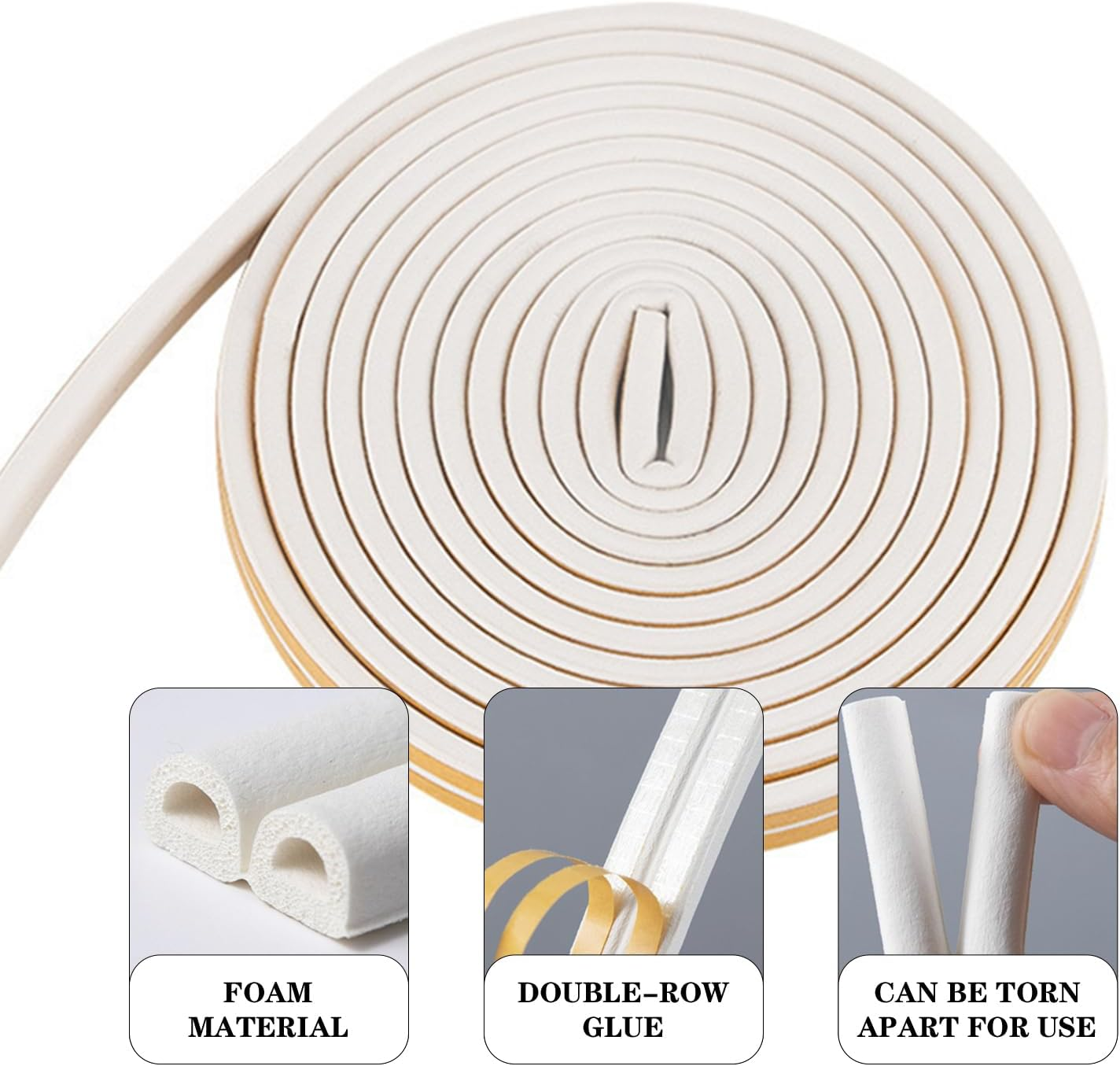 Window Seal 10M, Self-Adhesive Door Seal for Cold Protection, Sound Insulation, Heat Insulation, Dustproof, D Profile Foam Rubber Door Frame, White Color