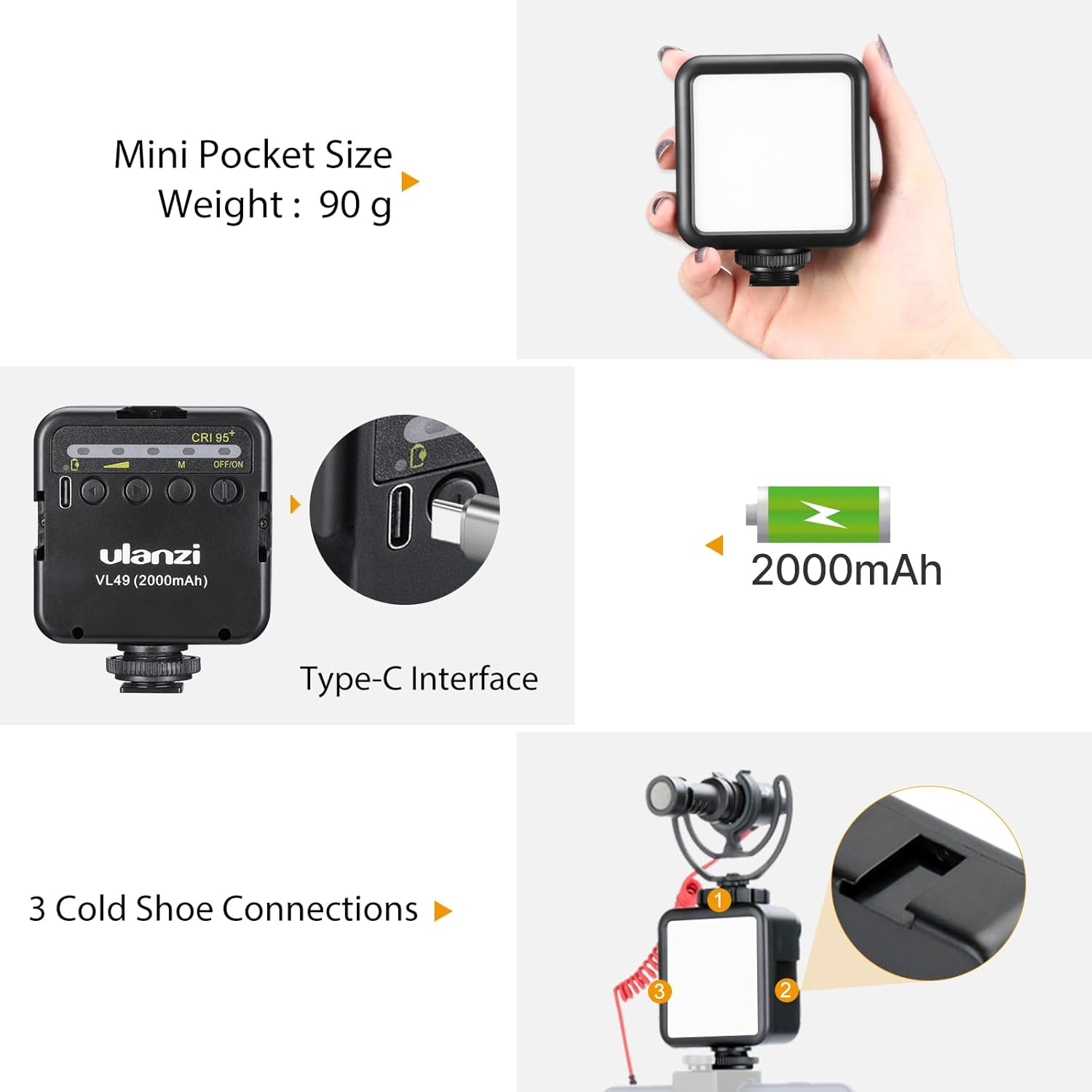 ULANZI VL49 2000Mah LED Video Light W 3 Cold Shoe Mounts Type C Charging Soft Light Panel for DJI OSMO Mobile 3 Pocket Zhiyun Smooth 4 Sony RX100 VII Canon G7X Mark III A6400 6600 Gopro 8 7 6 5 Vlog image number 5