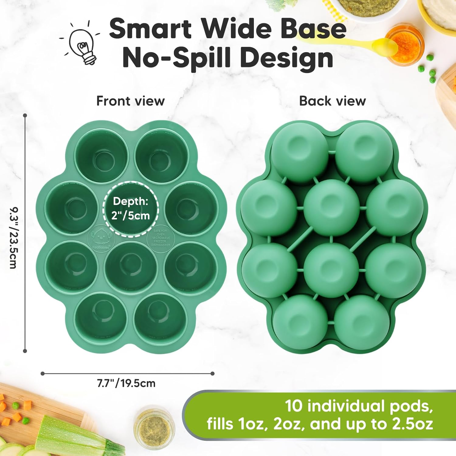 60Ml X 10 Pods Silicone Baby Food Freezer Tray with Clip-On Lid - Baby Food Storage Containers - Baby Food Tray, Baby Freezer Food Storage, Bpa-Free Puree Freezer Tray (Alpine Green) - Blossom image number 2