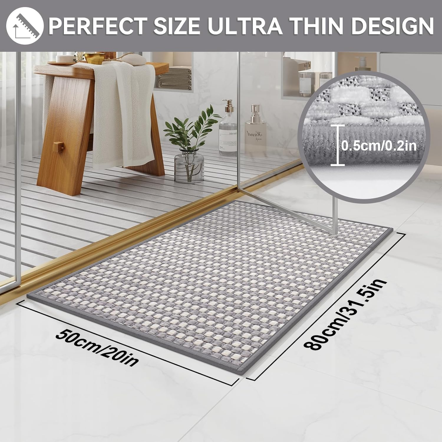 50 * 80Cm Absorbent Bath Mat, Rubber Non Slip Quick Dry Super Absorbent Thin Bathroom Rugs Fit under Door-Washable Bathroom Floor Mats-Shower Rug for in Front of Bathtub (Chenille Cross Grey) image number 2