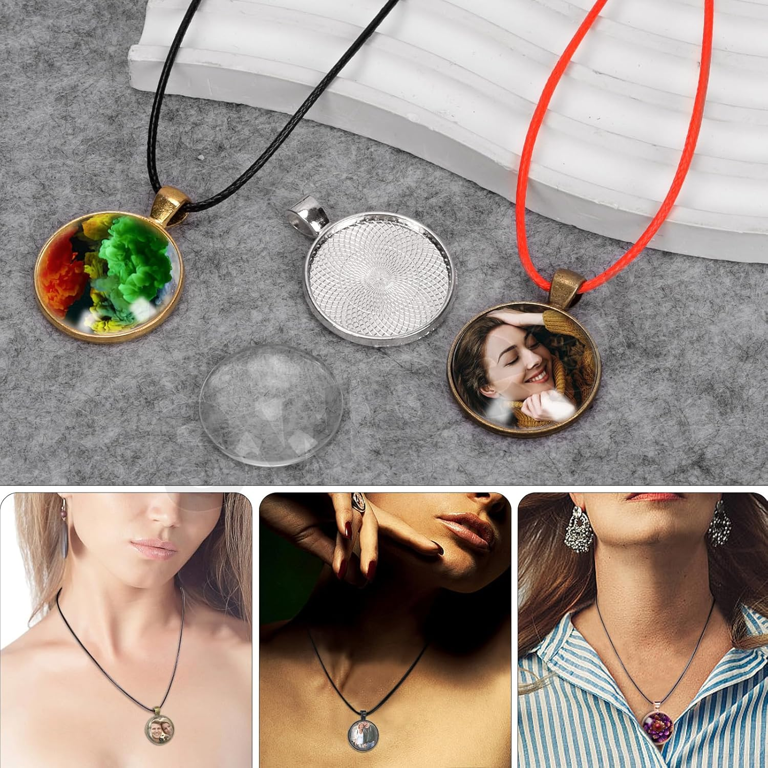 Swpeet 61Pcs 6 Colors round Pendant Trays Set for Jewelry Making, 30Mm round Bezel Pendant Trays, Clear Glass Cabochons, Chain and Waxed Necklace Cord for Photo Pendant image number 2