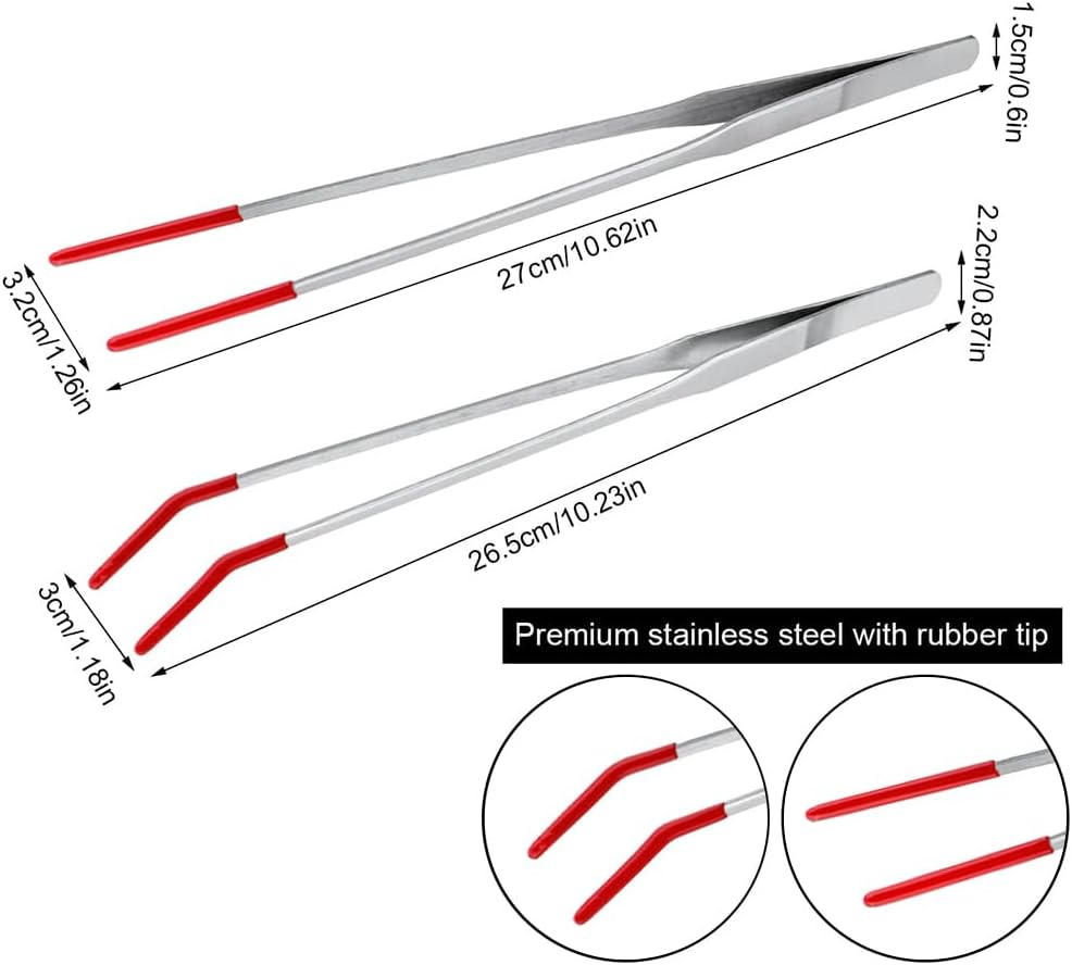 QOOWFEANIG 2Pcs Stainless Steel Reptile Feeding Tongs - 10.6" Straight & Curved Tips with Rubber Grip, Aquarium Tweezers for Snakes, Bearded Dragons, Lizards, Aquascaping Tool&Tank Accessories,Red image number 5