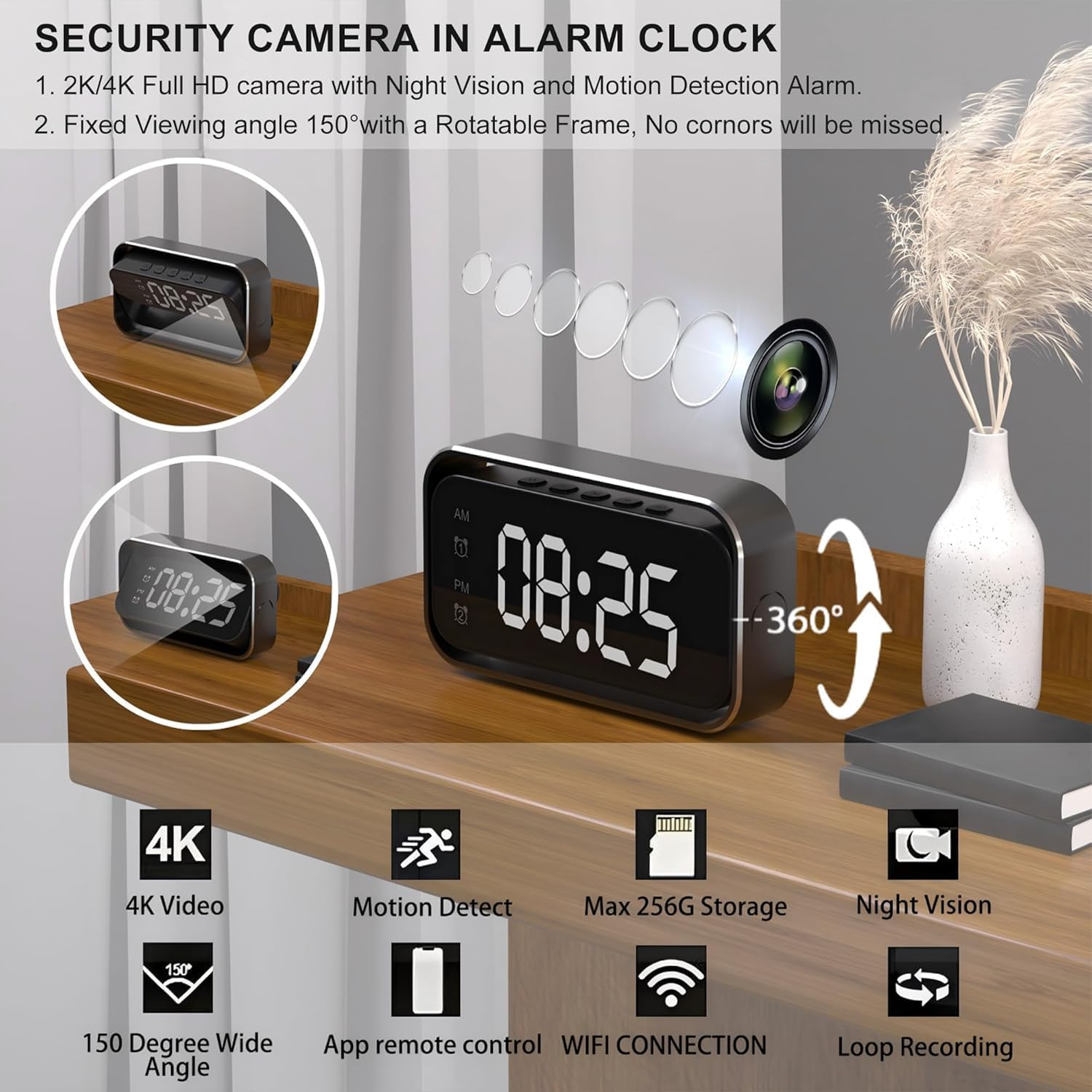 Sp/Y Camera Clock- Wireless Hi/Dden Camera with 4K HD Video and Audio Recording, Na/Nny Cam with Night Vision, Motion Detection, Local&Cloud Storage, Remote View, Mi/Ni Camera for Home