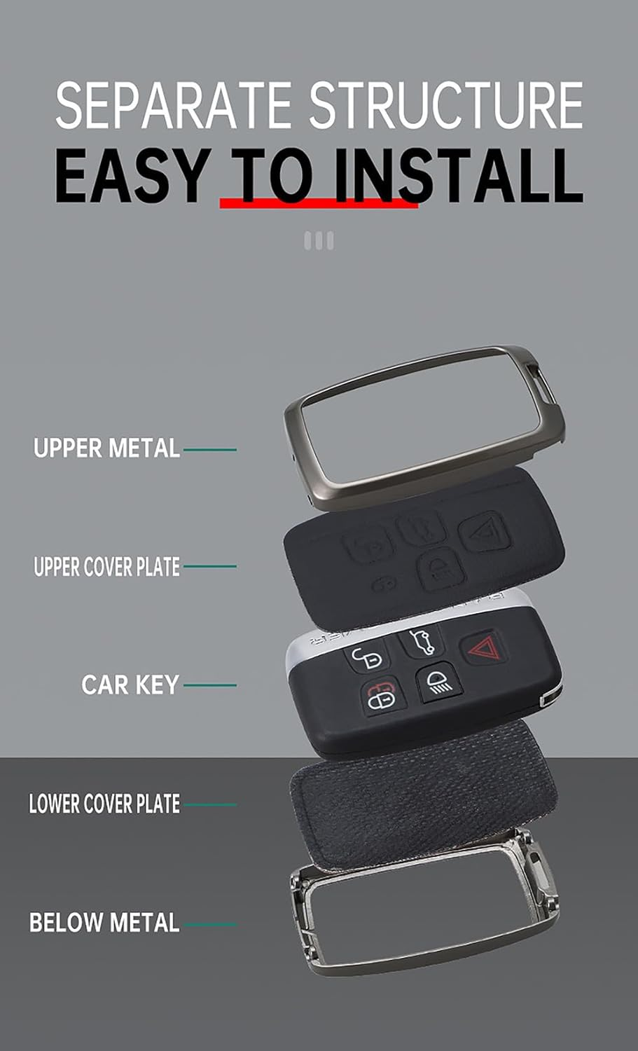 Leather Key Fob Cover with Keychain Metal Key Shell Cover Holder Fit for Evoque Velar Sport Discovery Freelander2 LR4 Sport Jaguar XF XJ XE F-PACE F-Type Smart Key Black - Long-Red image number 3