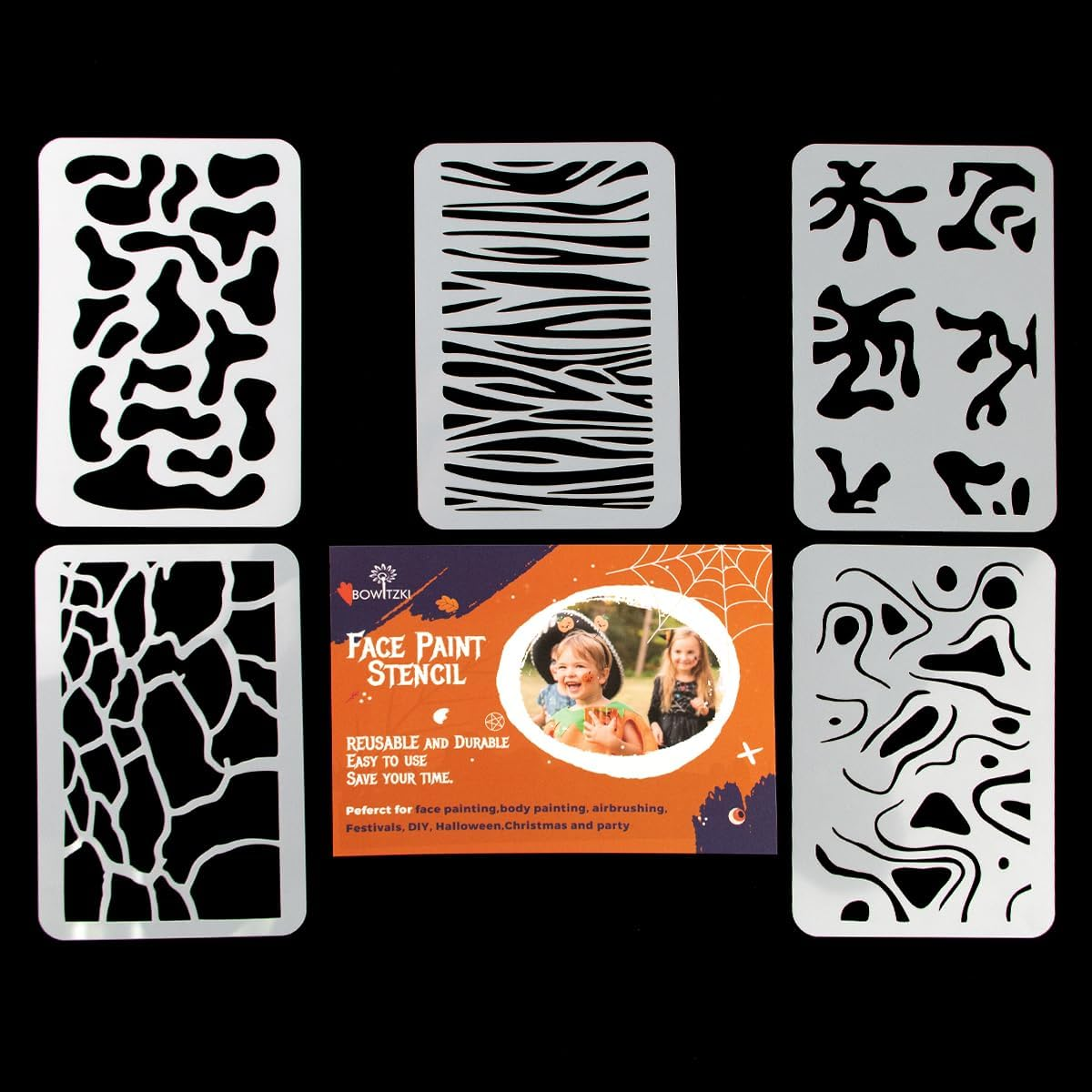 Bowitzki 5Pcs Reusable Face Paint Stencils for Body Art Painting Halloween Party Makeup Temporary Tattoos Stencils (Animal) - Animal-2 image number 5