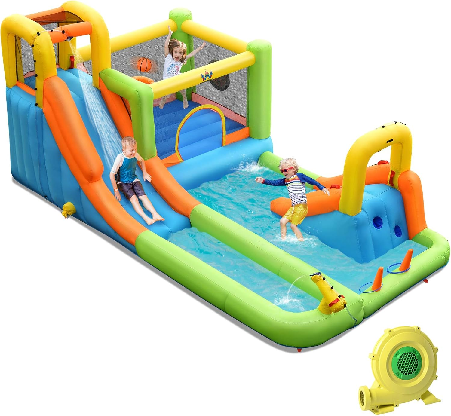 HONEY JOY Inflatable Water Slide, 8 in 1 Water Park W/Double Slides, Basketball Hoop, Water Gun, Ring Toss Game, Climbing Wall, Wet Dry Inflatable Jumping Castle for Outdoor (With 680W Blower) image number 4