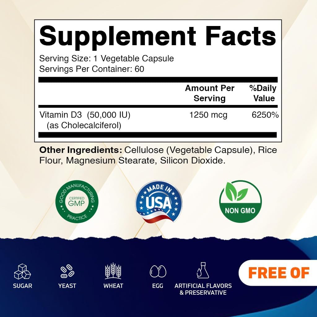 3 Pack -Vitamatic Vitamin D3 50,000 IU (As Cholecalciferol), Once Weekly Dose, 1250 Mcg, 60 Veggie Capsules 1 Year Supply, Progressive Formula Helping Vitamin D Deficiencies