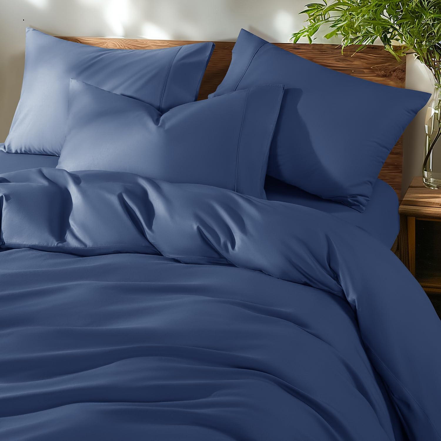 Shilucheng 100% Cotton Full Size Duvet Covers - 600 Thread Count, Luxury Sateen Weave Egyptian Cotton Comforter Cover with Zipper Closure & Corner Ties，Hotel Bedding Duvet Covers 3 Piece (Navy Blue) image number 2