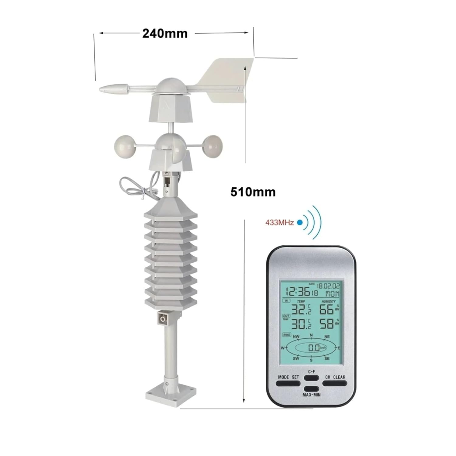 Wireless Digital Anemometer Weather Station Clock Professional Out Wind Speed Direction Chill Temperature Humidity Meter Sensor