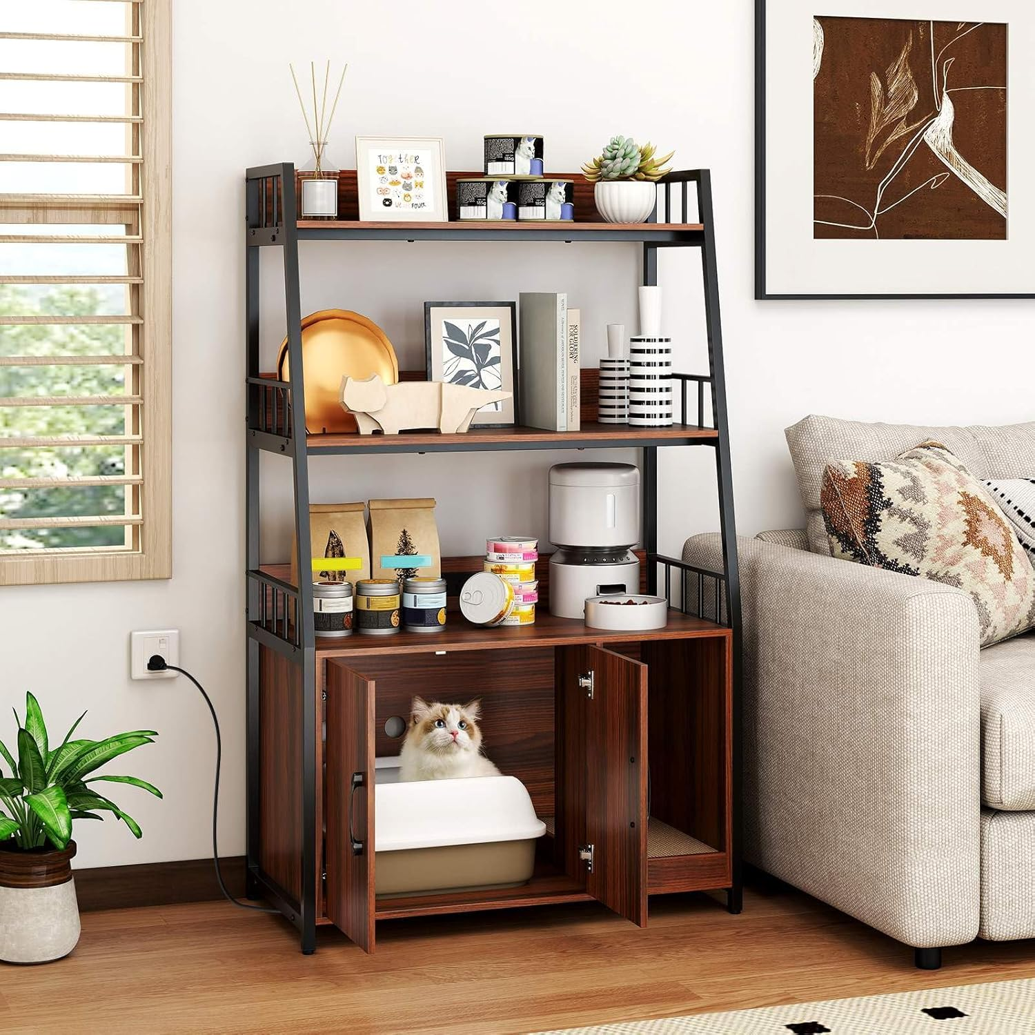 Costway Cat Litter Box Enclosure with Storage Shelves, Large Hidden Cat Washroom Furniture with Scratching Pad, Charging Station, Winding Entry, Indoor Tall Pet Cabinet Corner Shelf (Walnut + Black) - Walnut + Black image number 4