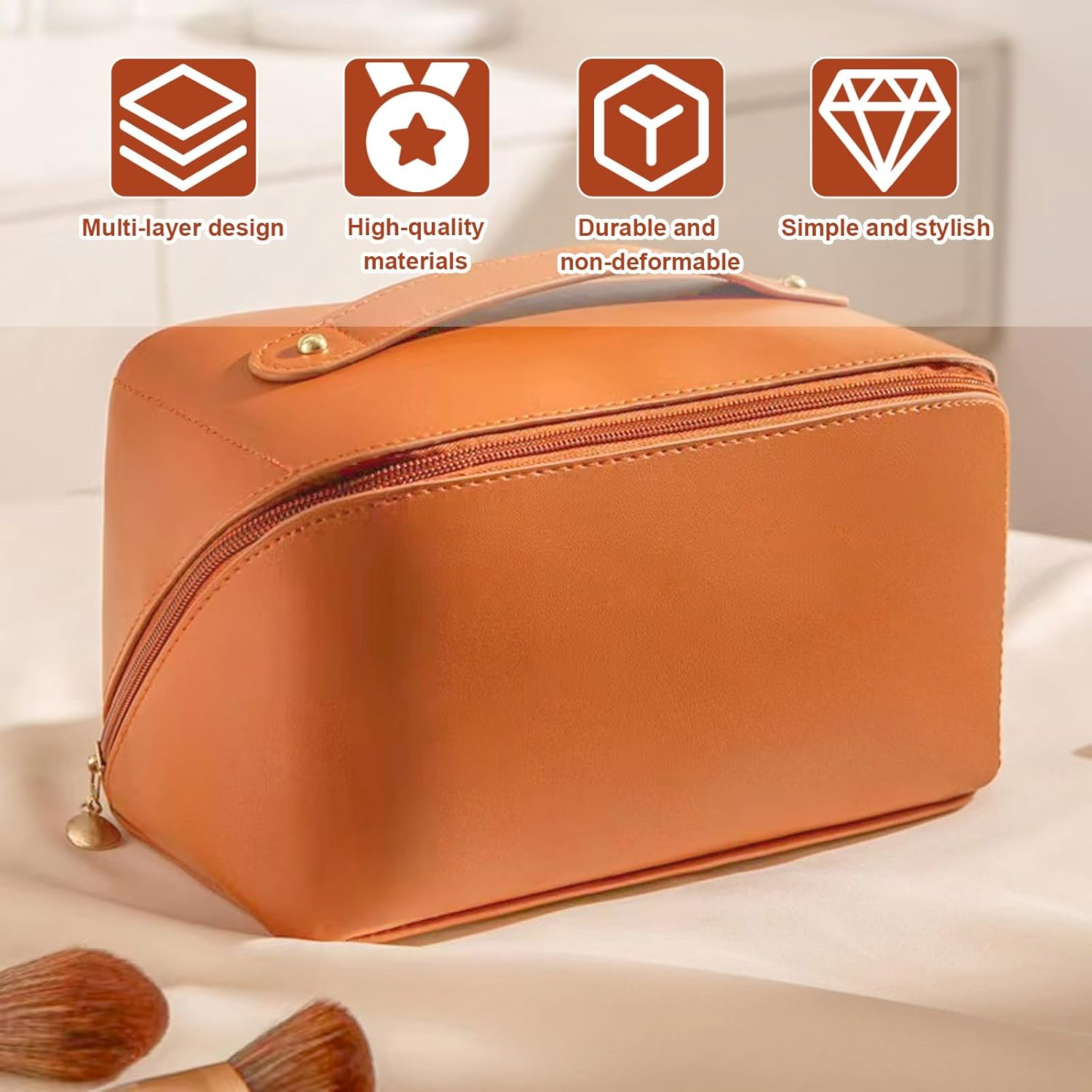 Cosmetic Bag, Extra Large Waterproof Makeup Organizer, High-Quality PU Travel Toiletry Bag for Women, Spacious Multi-Compartment Storage Pouch for Cosmetics, Skincare, Brushes, and Essentials（Brown） image number 2