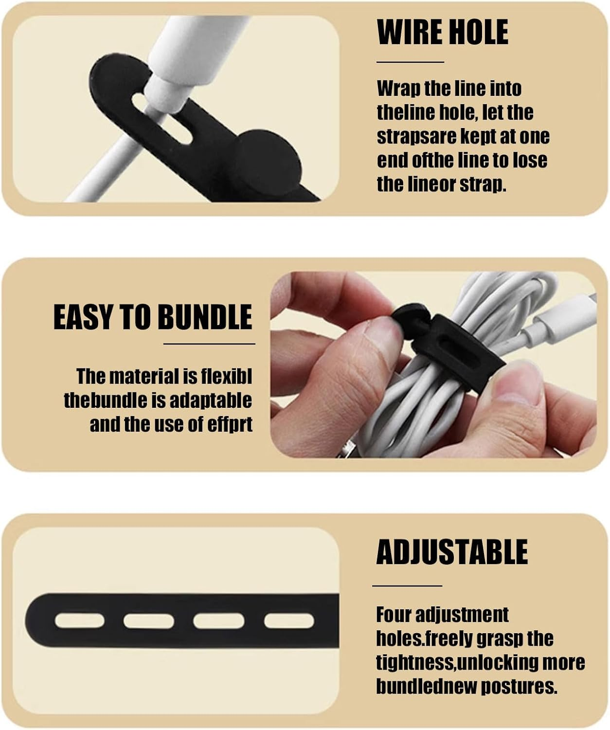 BGENHPON 10Pack Silicone Cable Ties Reusable Cord Holder Straps, Flexible Adjustable Wire Wrapper with Locking Clasp, Tangle-Free Charger Cable Organizer for Office Home Travel​ image number 2