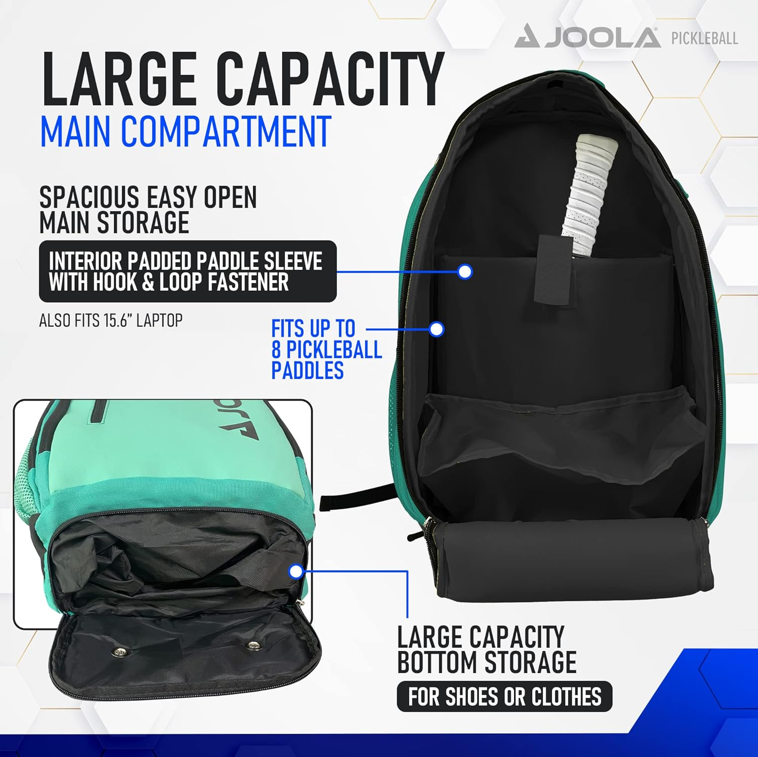 JOOLA Vision II Pickleball Bag - Backpack Holds 8 Pickleball Paddles plus Side Pockets for Pickleball Balls - Separate Ventilated Compartment for Shoes, Interior & Exterior Accessory Pockets - Teal image number 5