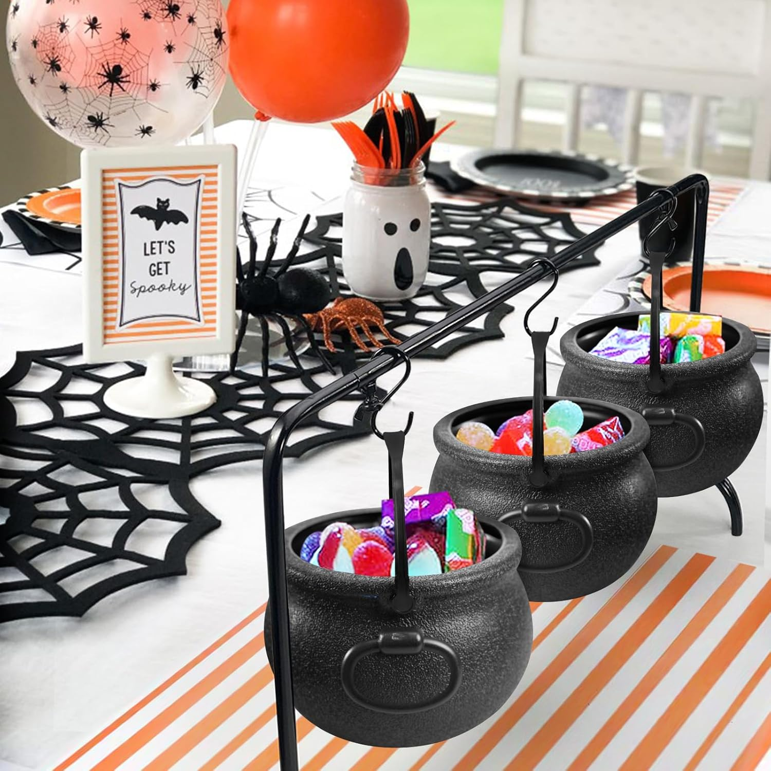 Oriental Cherry Halloween Decor - Halloween Party Decorations - Set of 3 Witches Cauldron Serving Bowls on Rack - Black Plastic Cauldron for Indoor Outdoor Home Kitchen Decoration