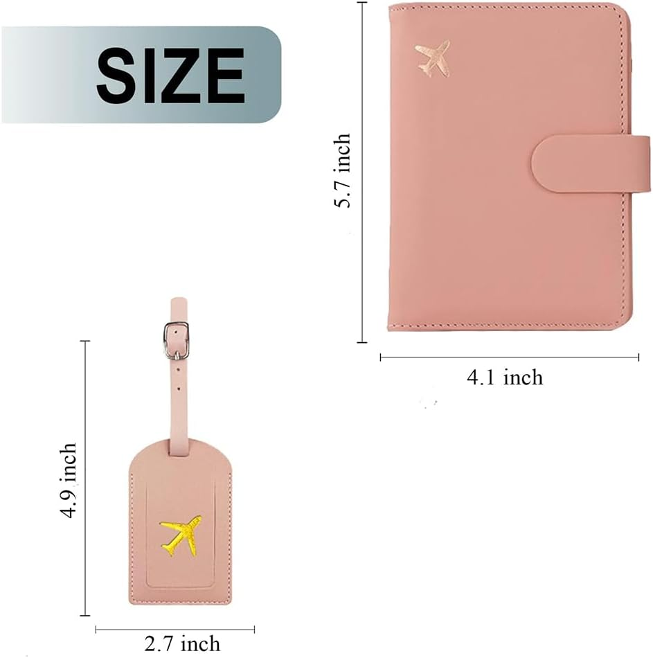Passport Holder with Leather Luggage Tags, Travel Wallet Set, Haves Accessories Passport Book Holders for Women and Men (Pink) - Blue image number 4