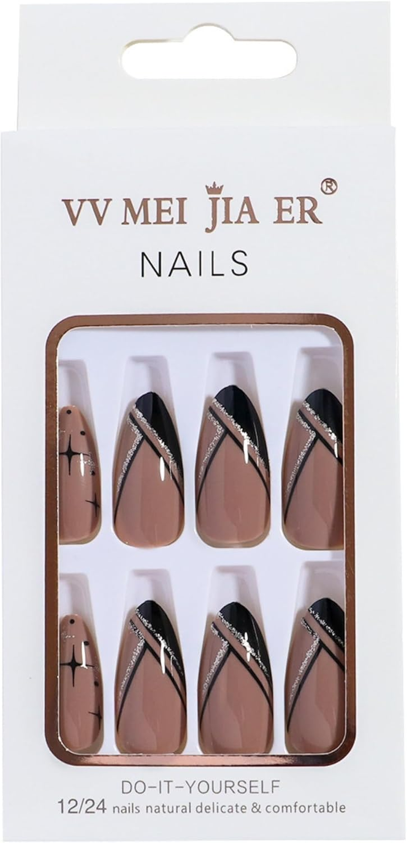 Press on Nails 24Pcs Acrylic French Full Cover False Nails Light Color Almond Fake Nail Women Girls Daily Decoration Nail Extension Easy DIY Black Line image number 1