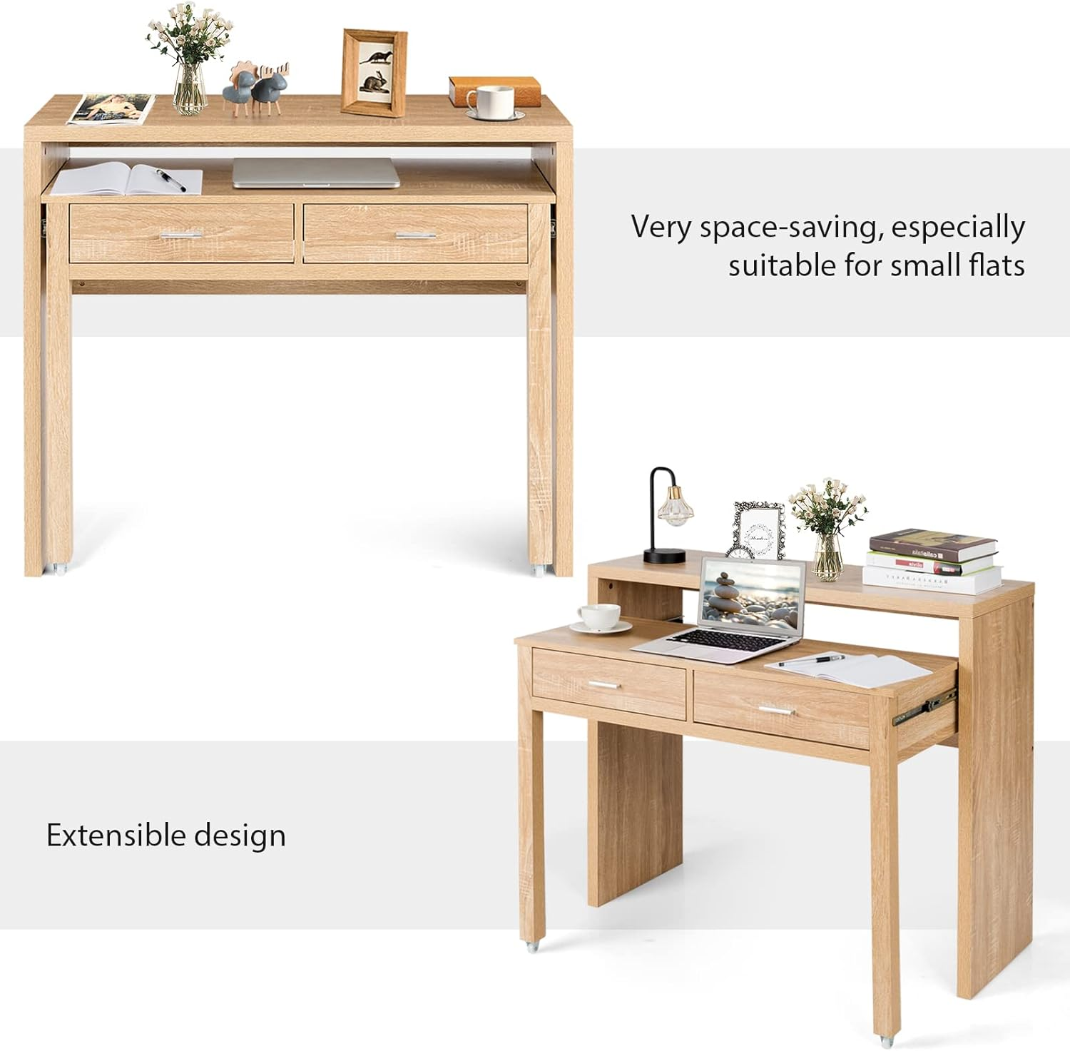 Giantex Extending Writing Desk, Wood Pull Out Computer Desk with Top Shelf & 2 Drawers, Simple Modern Style Home Office Workstation for Small Space, Easy Assembly image number 4