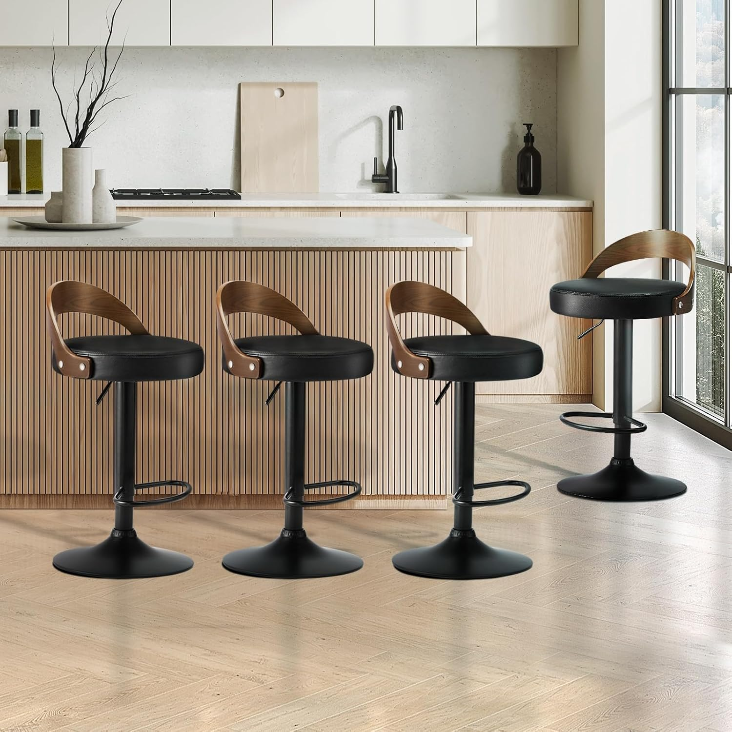 Oikiture Bar Stool Set of 4 Home Kitchen Barstools with PU Leather Seat and Gas Lift Barstools in 57-77Cm Height and Footrest Swivel Chair Set for Home Bar Dining Room, Black