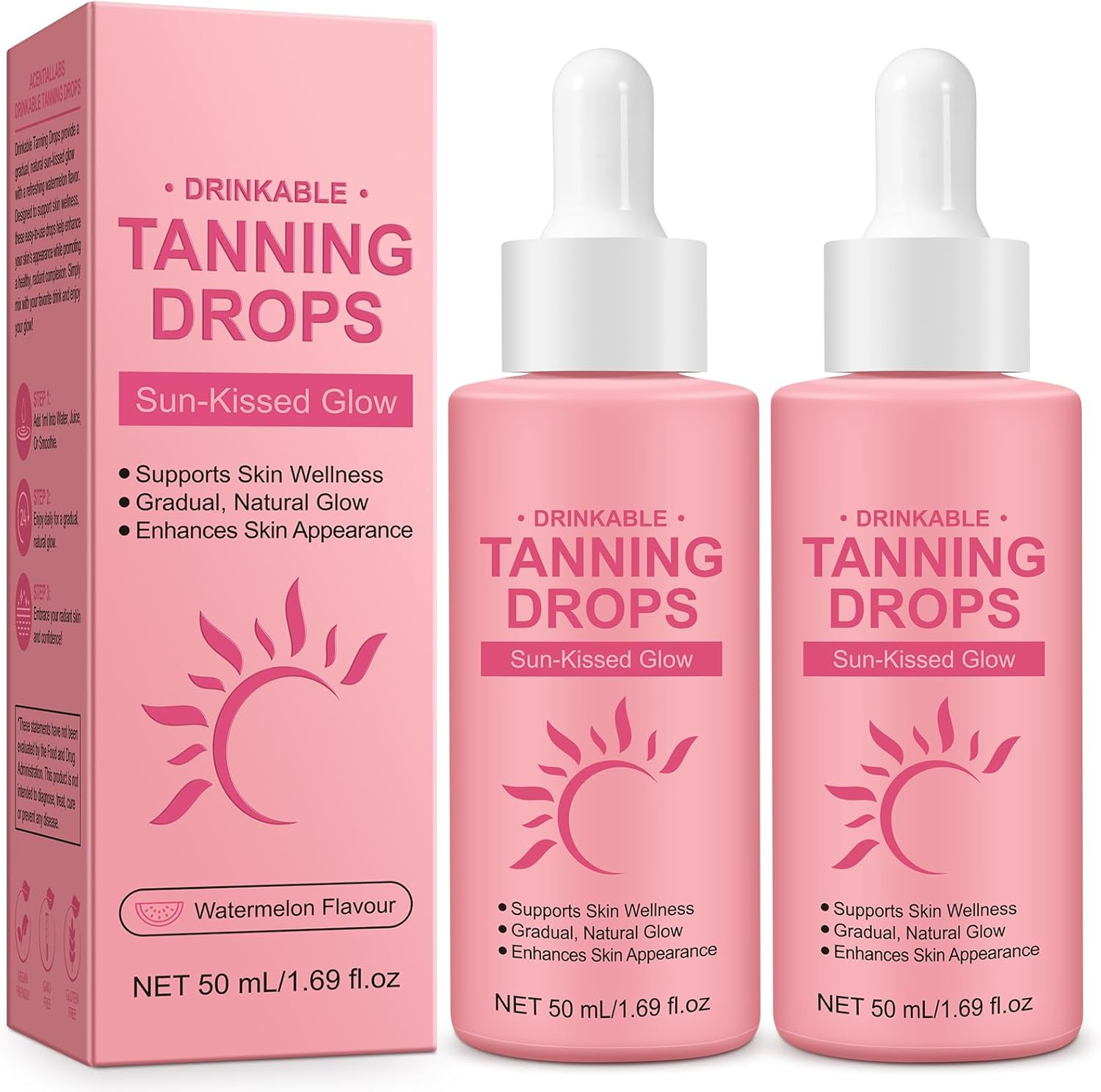 2Pcs Sunless Tanning Drops to Drink, Natural Drinkable Sunless Tanning Drops, Oral Self Tanning Drop Gradual Glow, Moisturizing Tanner for Face & Body, Tanning Supplement Naturally Boost Melannin