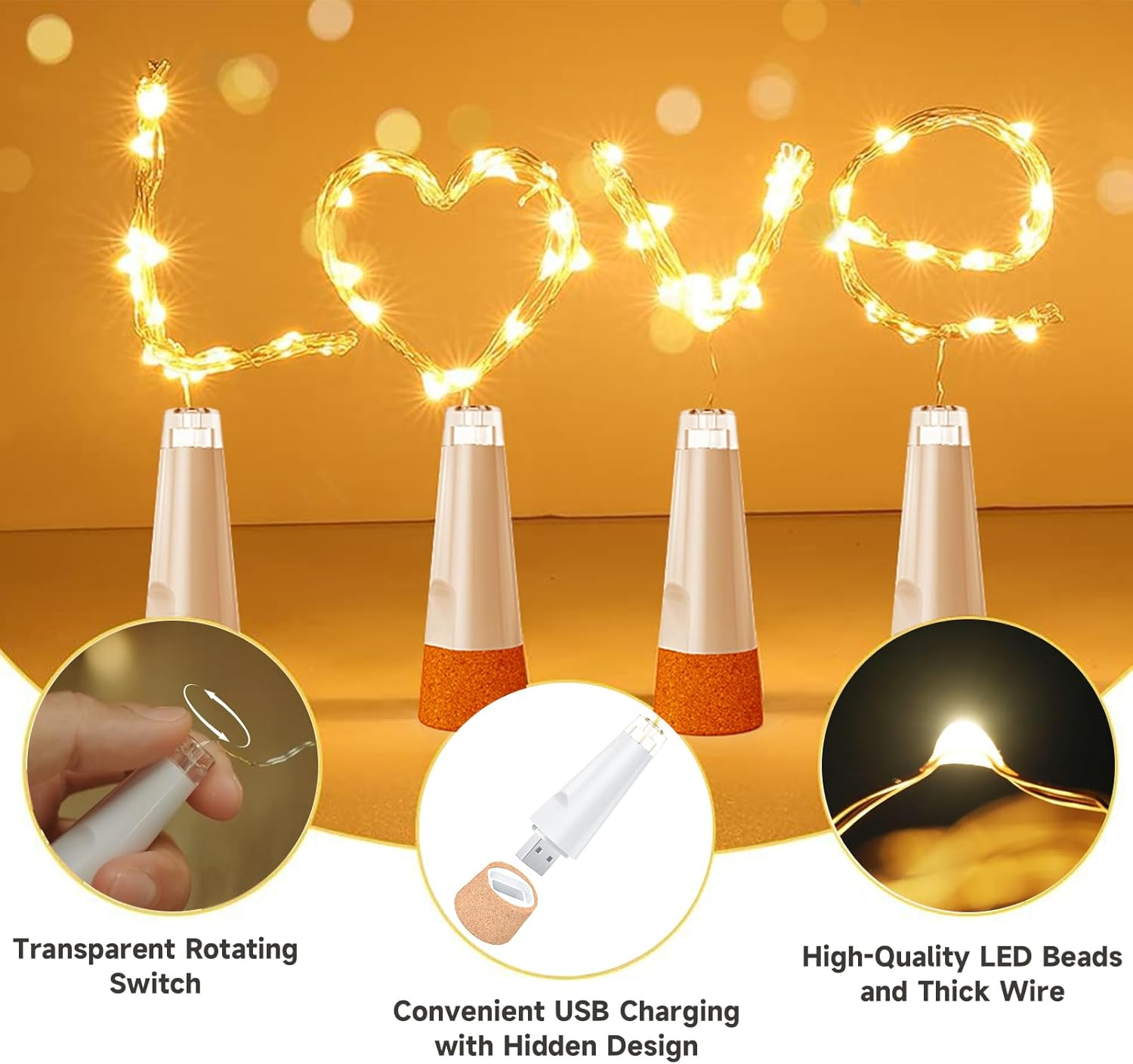 Leegoal Bottle Lights, USB Rechargeable Wine Bottle Light with Cork 2024 Upgraded 2M 20 LED Jar Fairy Lights for Xmas Decorations - Multi-Colour image number 3