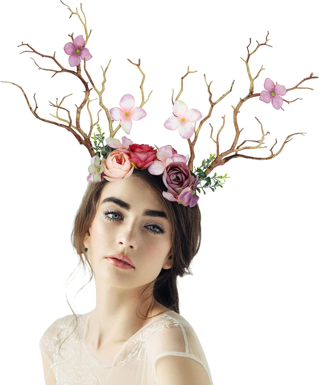 FRESHME Fairy Antlers Flower Crown - Handmade Elf Deer Reindeer Headbands Headpiece for Women Renaissance Cosplay Accessories - Green image number 3
