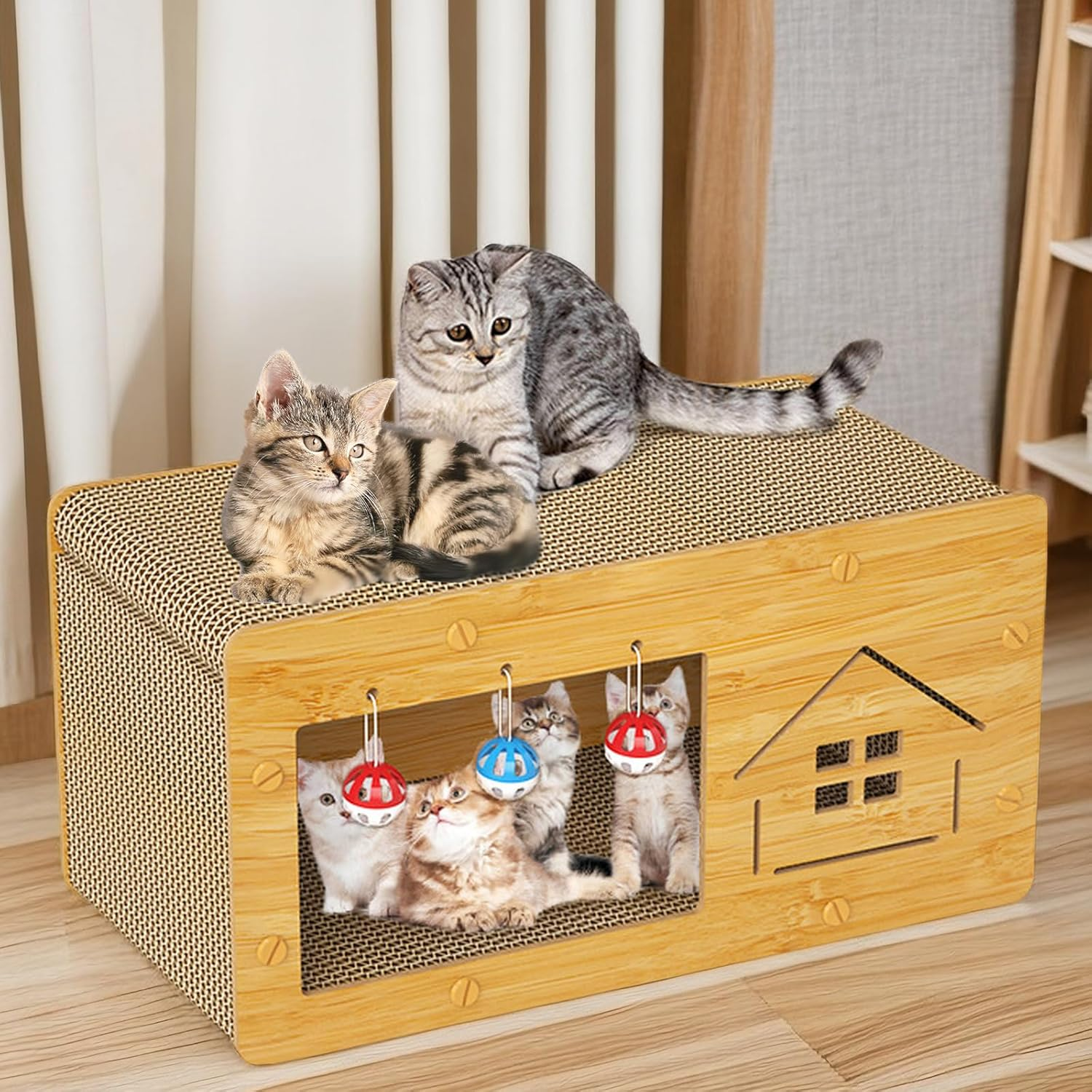 Cat Scratching House Cardboard Cat House with Cat Scratching Pads Cat Bed Condo with Bell Fluffy Ball for Multi Small Pet Large Kitty Easy to Assemble Large image number 2
