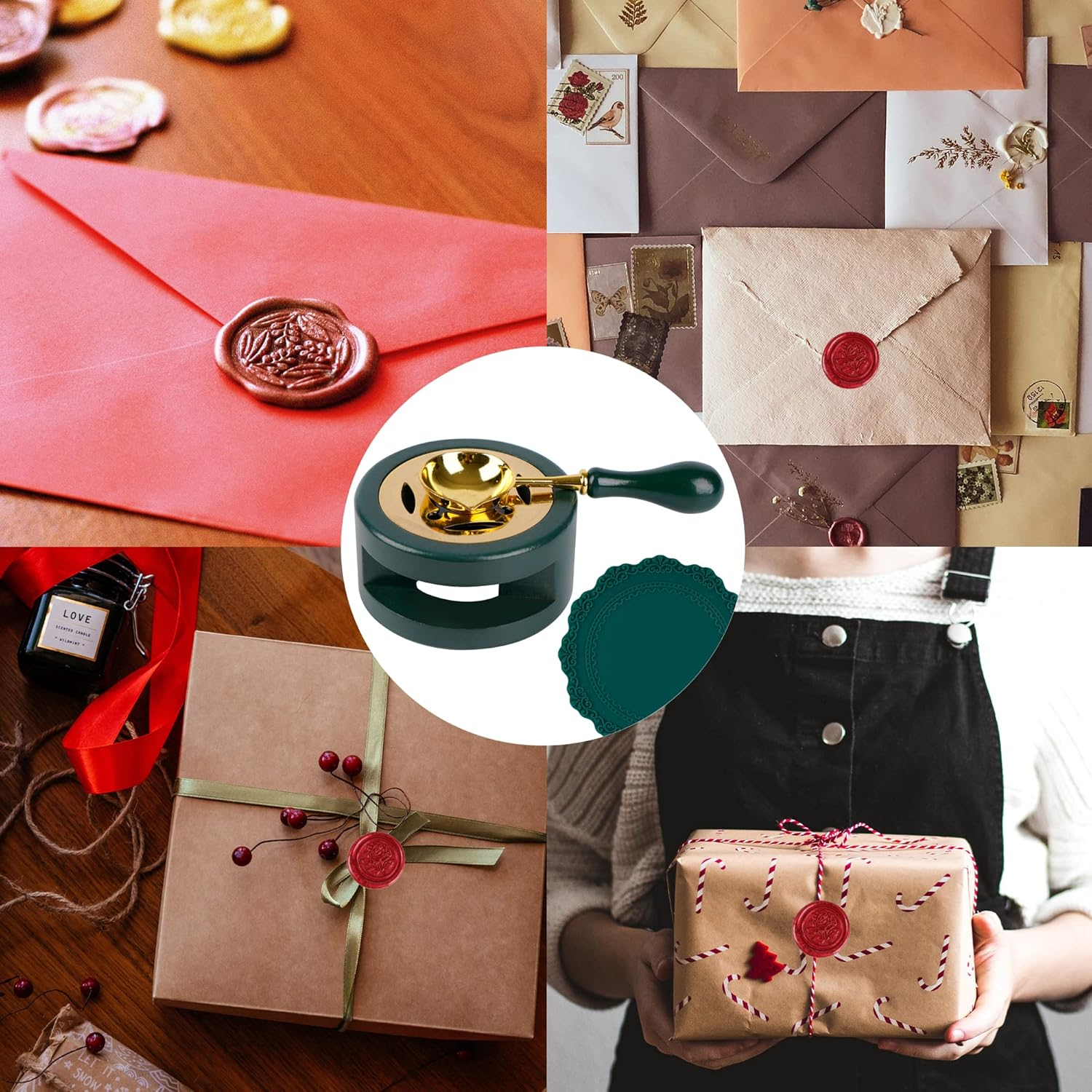 Wax Seal Kit with Furnace, Spoon, and Silicone Pad for Melting Beads or Sealing Sticks (Green) image number 1