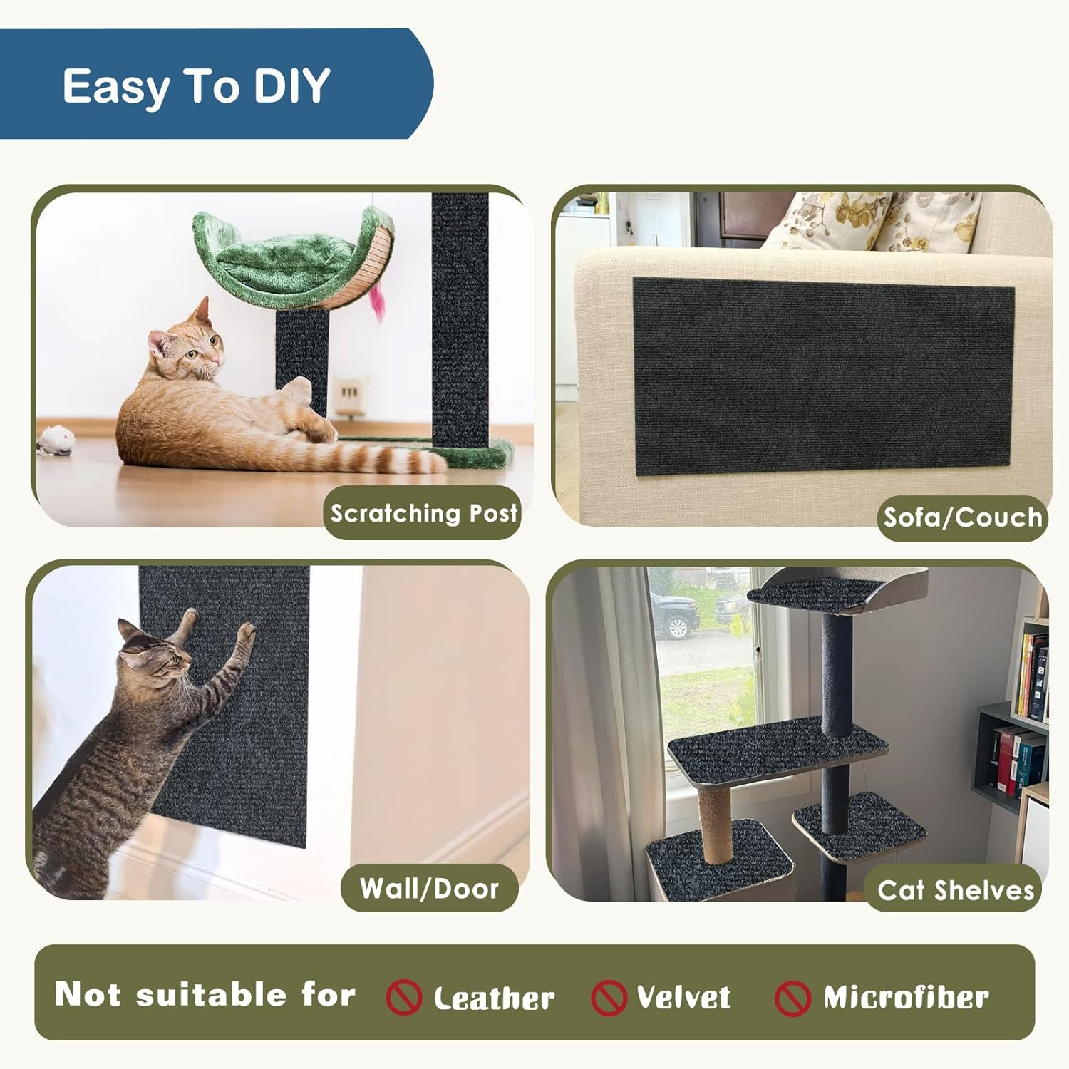 Mooydee 3 Pack Cat Scratch Mats 23.6"X11.8", Trimmable Self-Adhesive Cat Scratching Post Carpet Cat Tree Shelves Replacement Parts Easy Use Cat Scratcher for Couch Furniture DIY Protector- Dark Gray image number 3