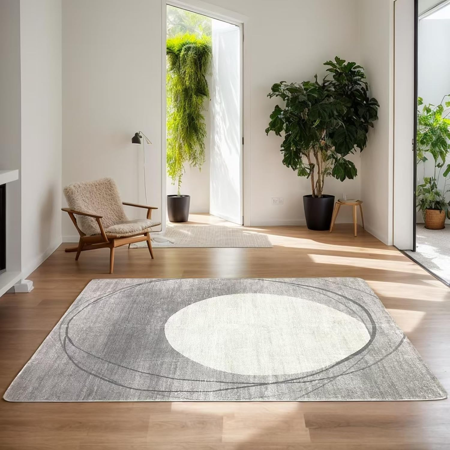 Tinyboy-Hbq Area Rug Short Pile Living Room Carpet Modern Geometric Design Rugs Circular Pattern Rug Non-Slip Decorative Rugs for Bedroom (Light Grey/Beige, 120 * 160Cm) image number 1