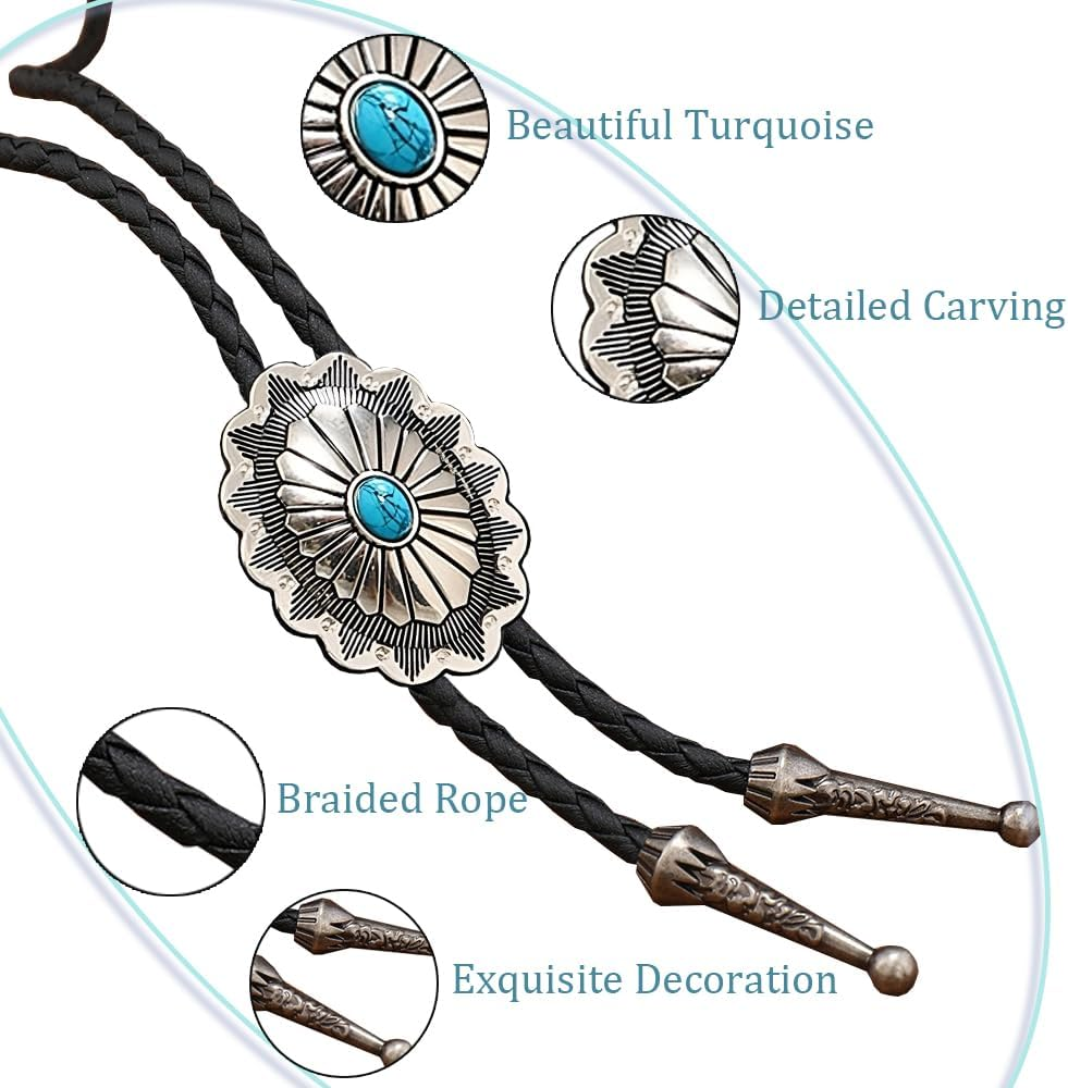 Vintage Turquoise Bolo Tie for Men - Western Cowboy Colored Oval Bola Necktie Retro Leather Necklace for Men Women - Lace Oval image number 3